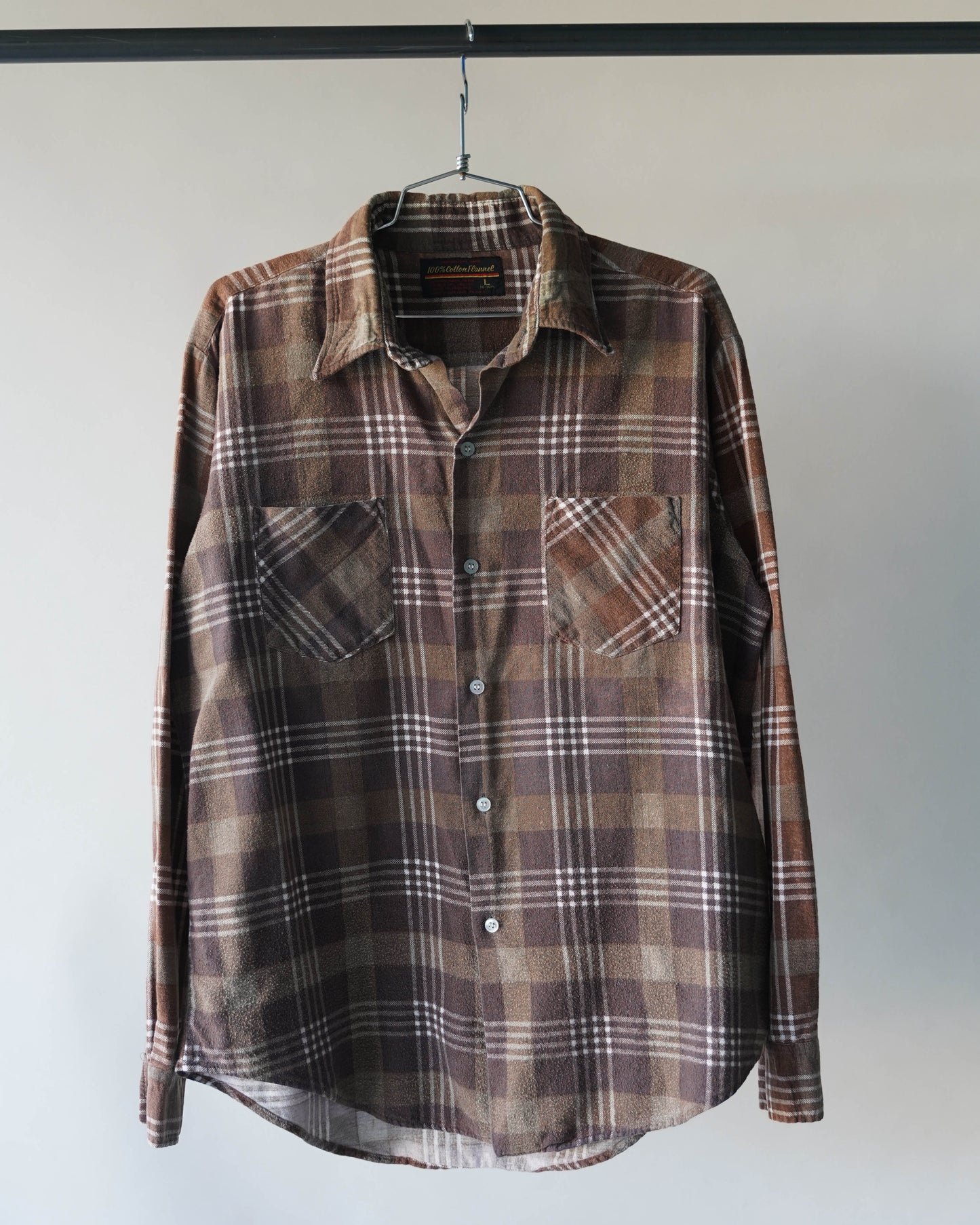 80's Brown Cotton Plaid Flannel - Large
