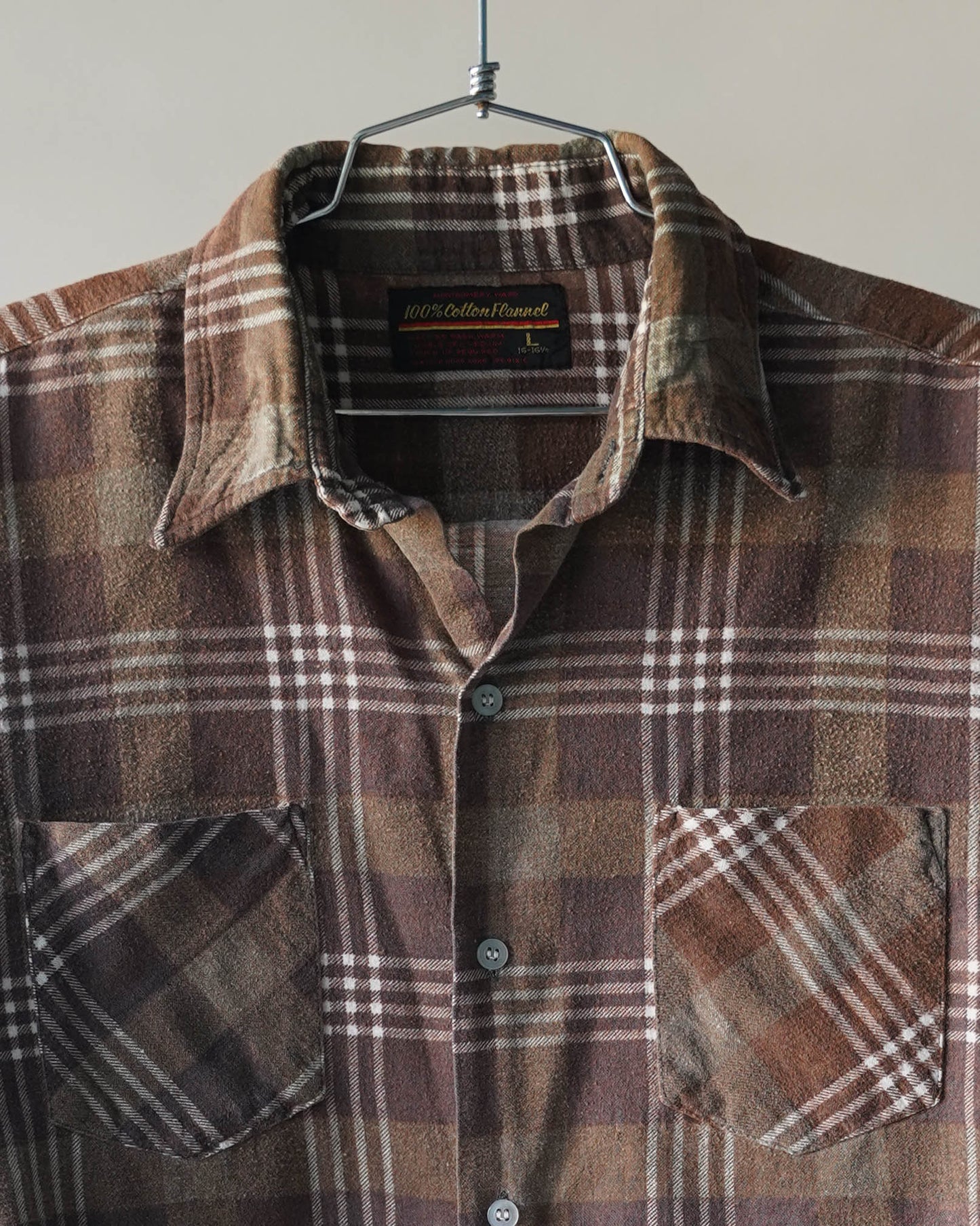 80's Brown Cotton Plaid Flannel - Large