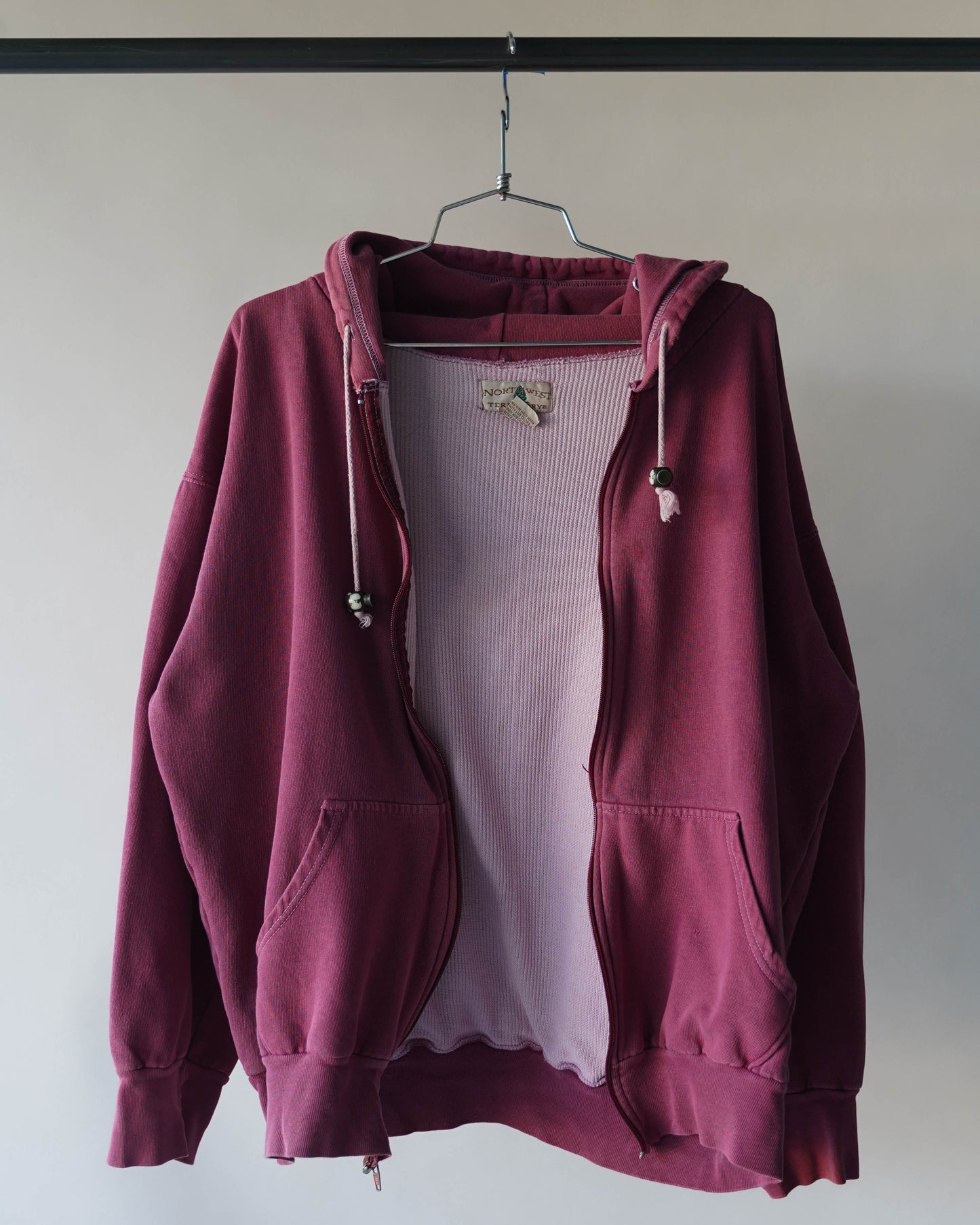 90's Pink Thermal Lined Zip-Up Hoodie - Large