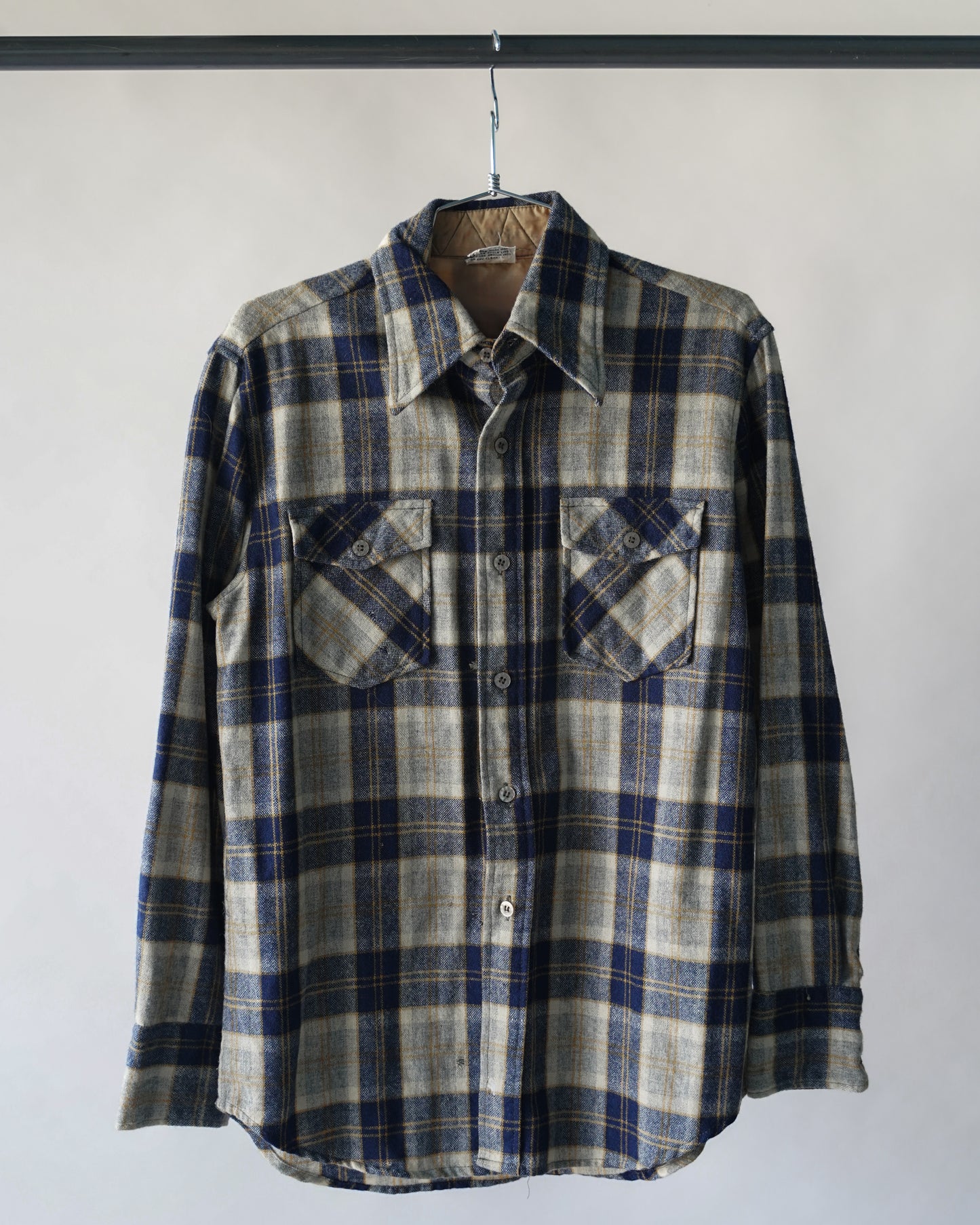 80's Navy Blue Wool Plaid Shirt - Medium