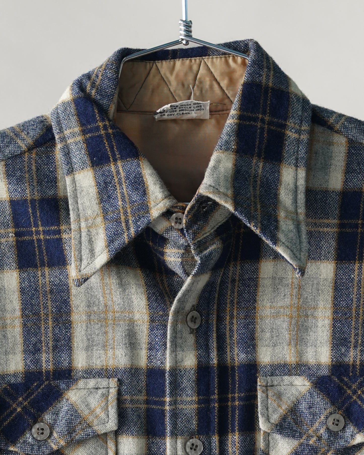80's Navy Blue Wool Plaid Shirt - Medium