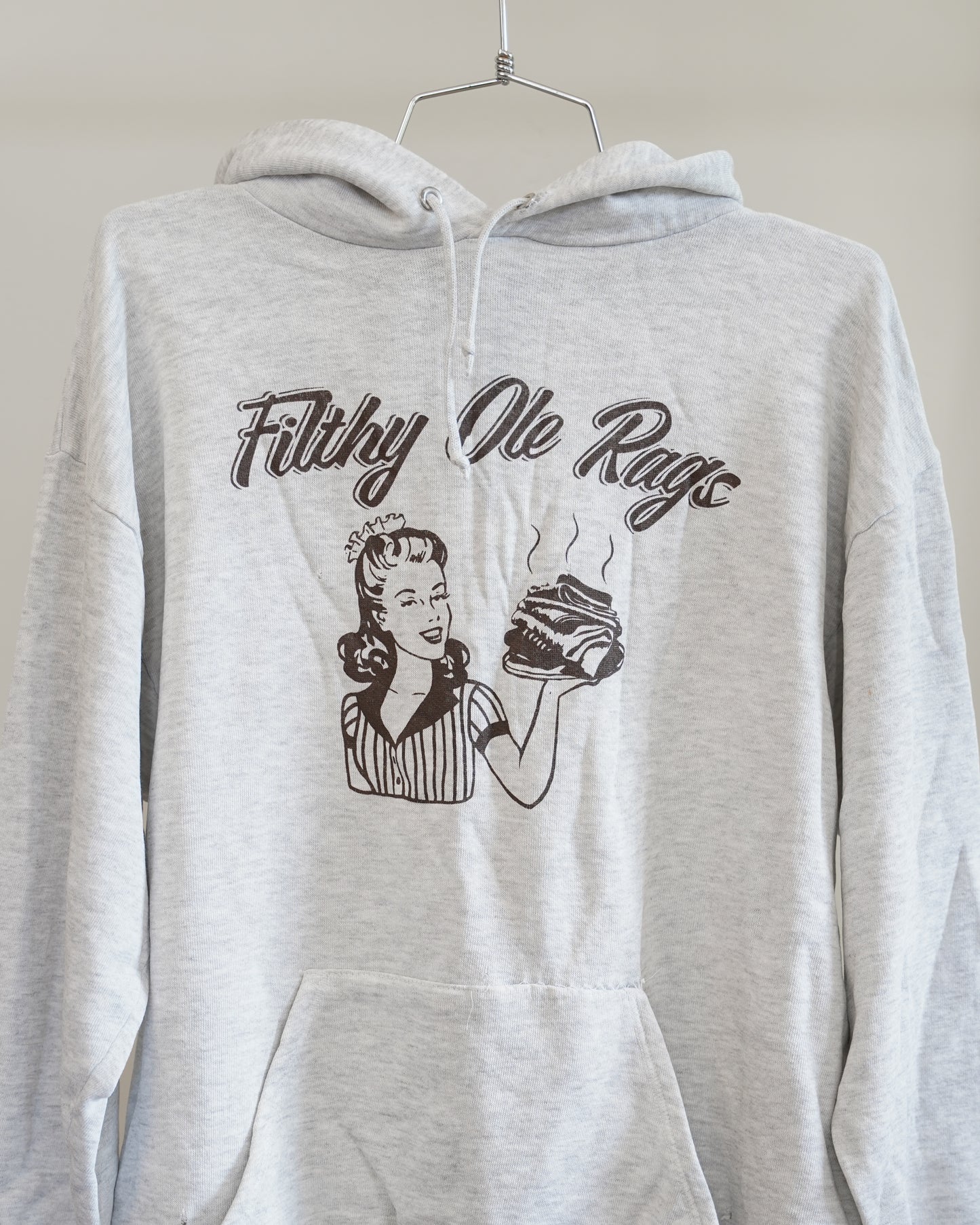 Filthy Ole Rags 90's Grey Hoodie - Brown Front Print (Large)