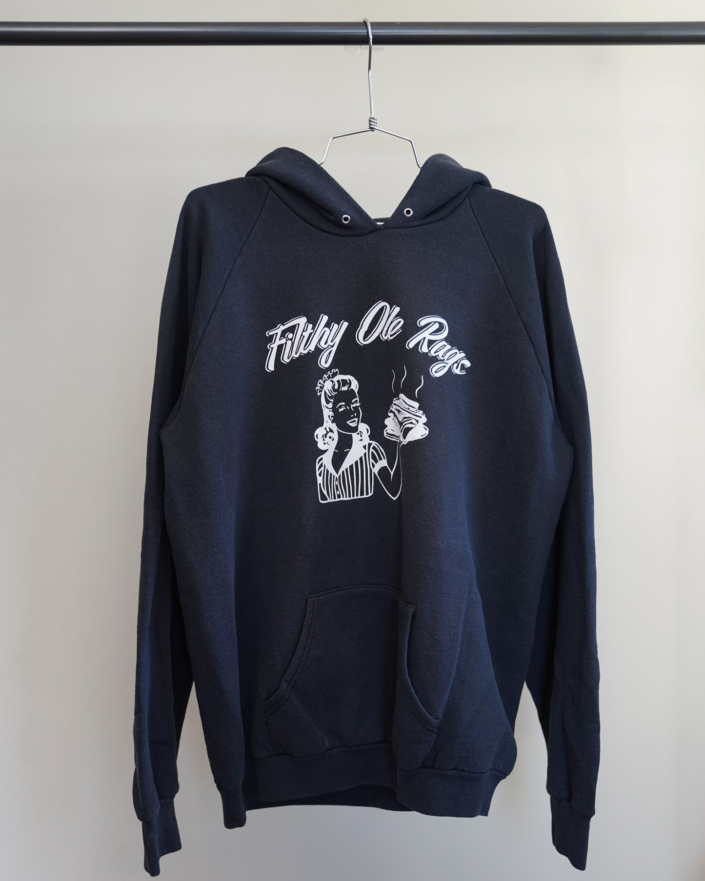 Filthy Ole Rags 90's Black Hoodie - White Front Print (XL)