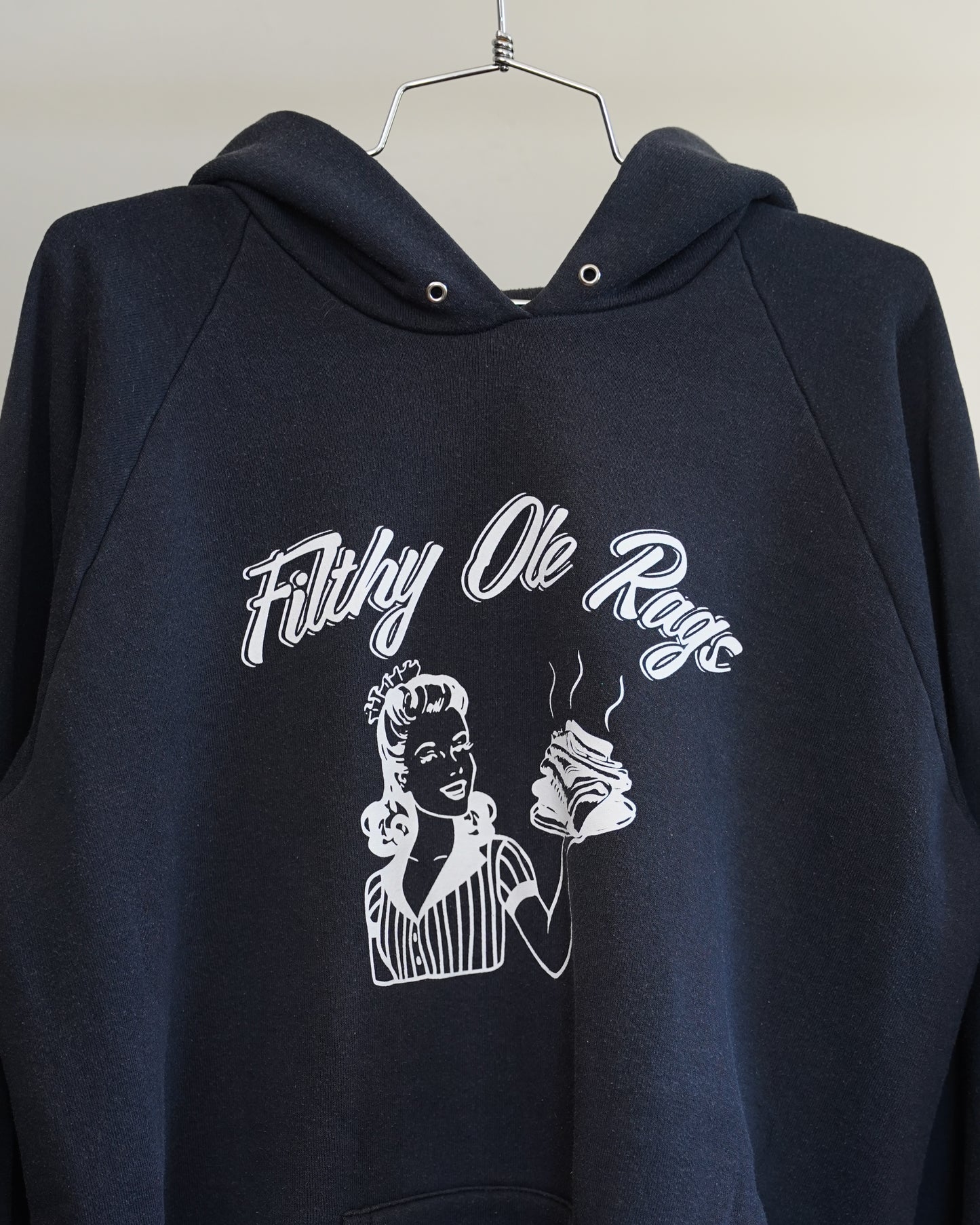 Filthy Ole Rags 90's Black Hoodie - White Front Print (XL)