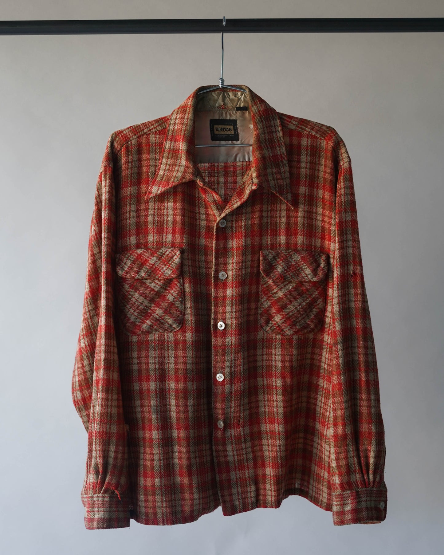 60's Red Plaid Wool Loop Collar Shirt - XL