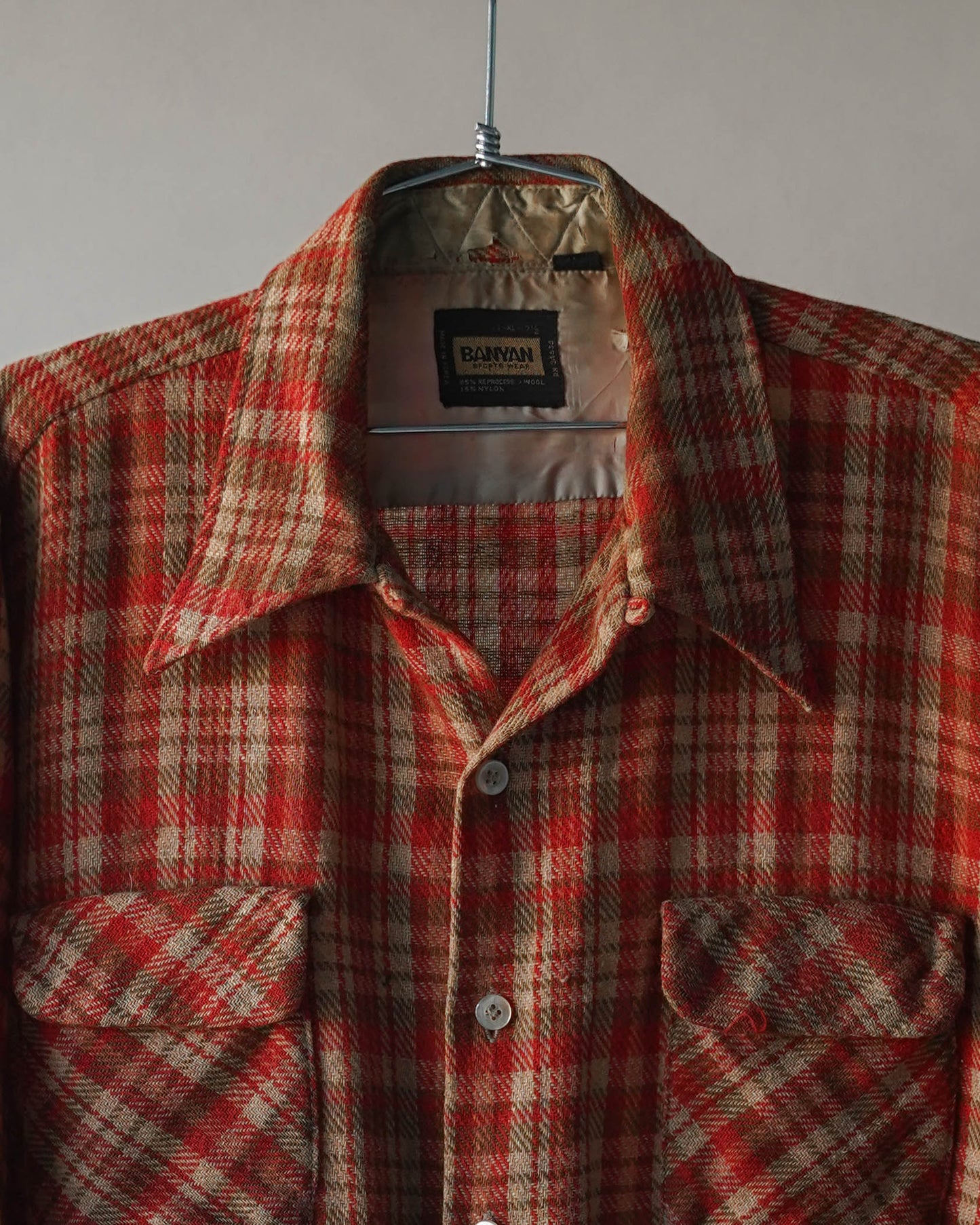 60's Red Plaid Wool Loop Collar Shirt - XL