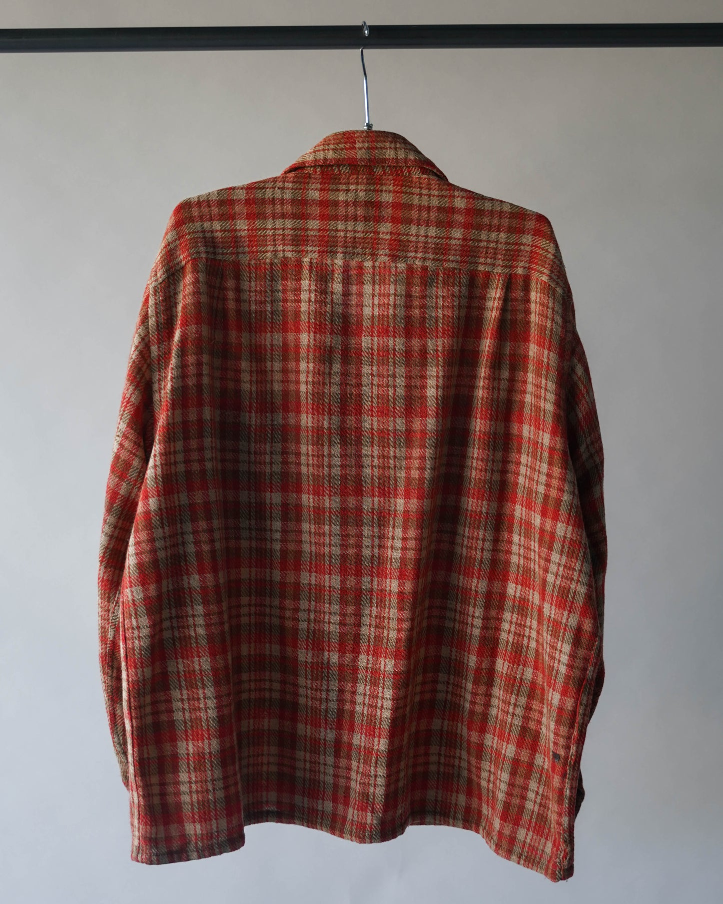 60's Red Plaid Wool Loop Collar Shirt - XL