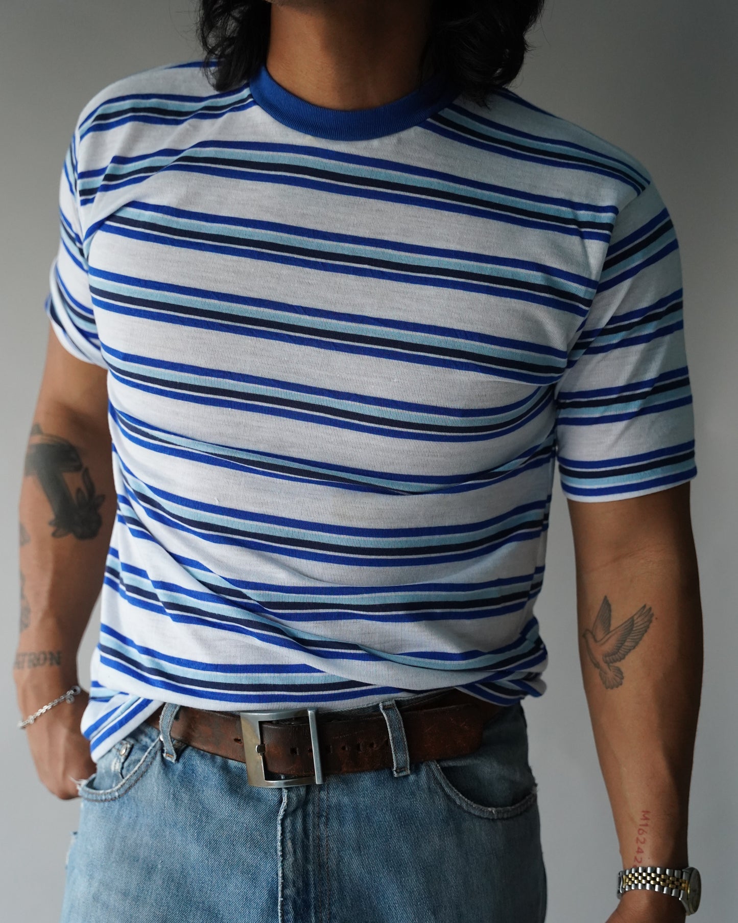 80's Blue Striped Tee - Large
