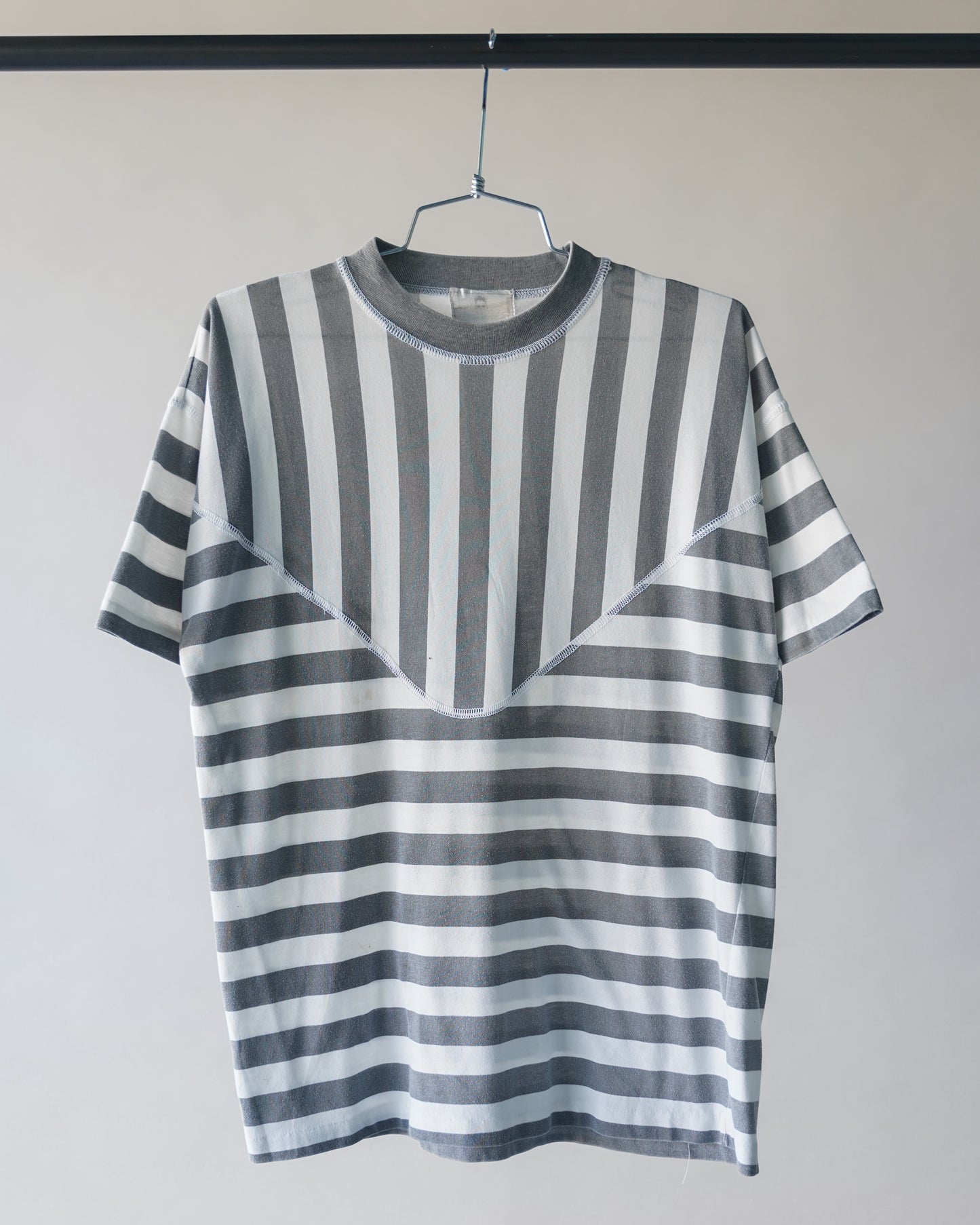 80's Asymmetrical Gray & White Striped Tee - Large