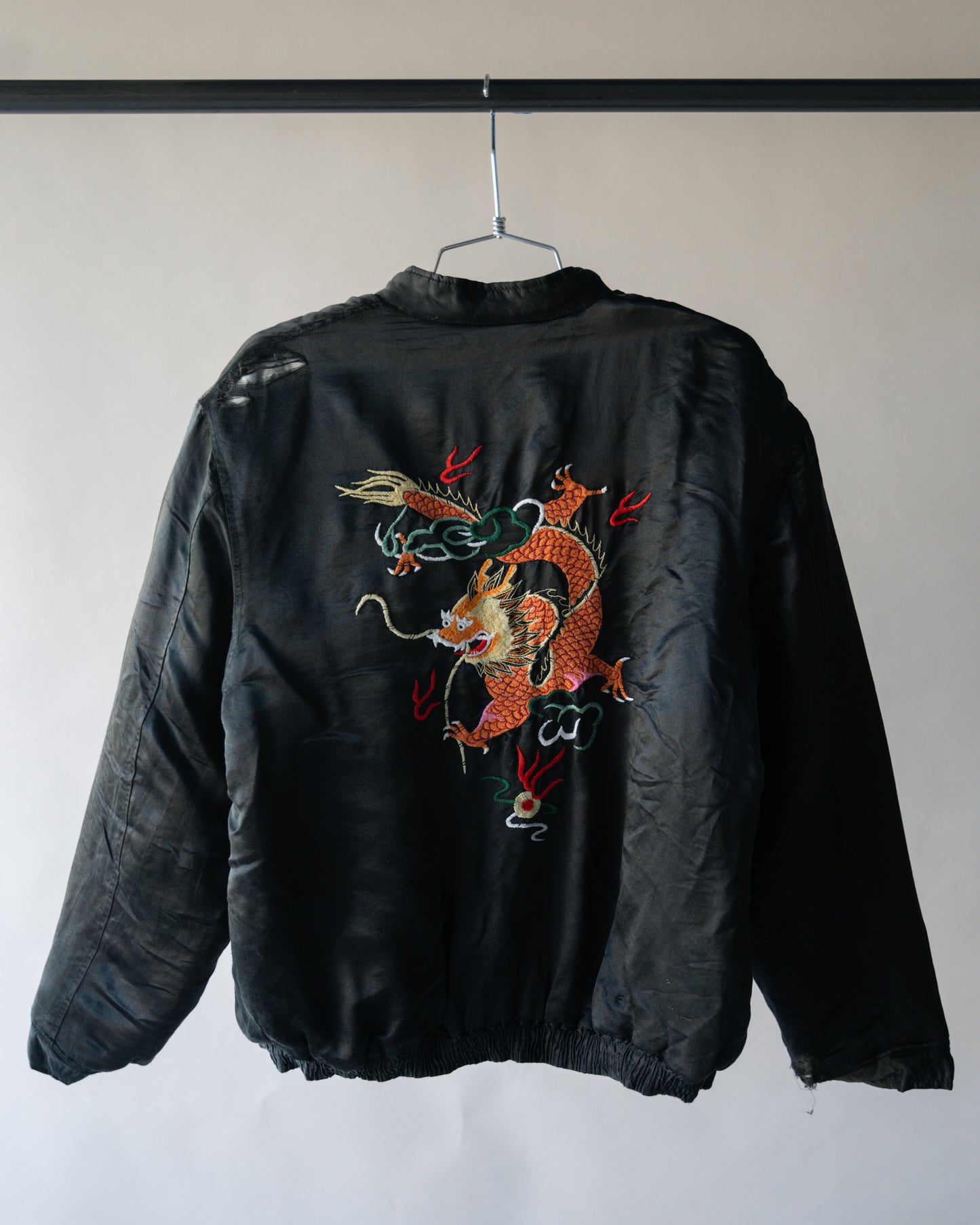 80's Black Satin Bomber Jacket - Large (as is)