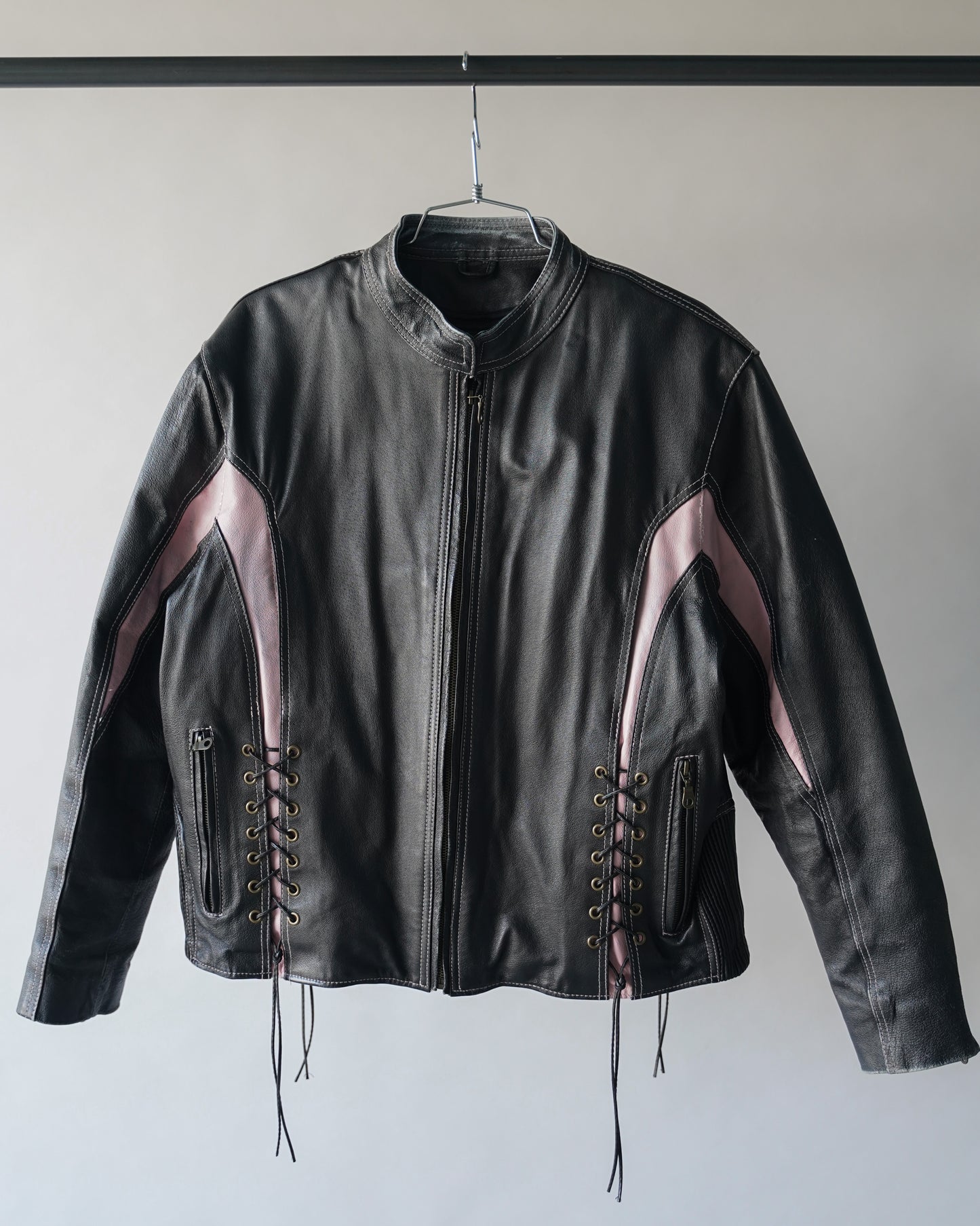 90's Black and Pink Leather Motorcycle Jacket - Large