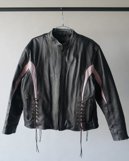 90's Black and Pink Leather Motorcycle Jacket - Large