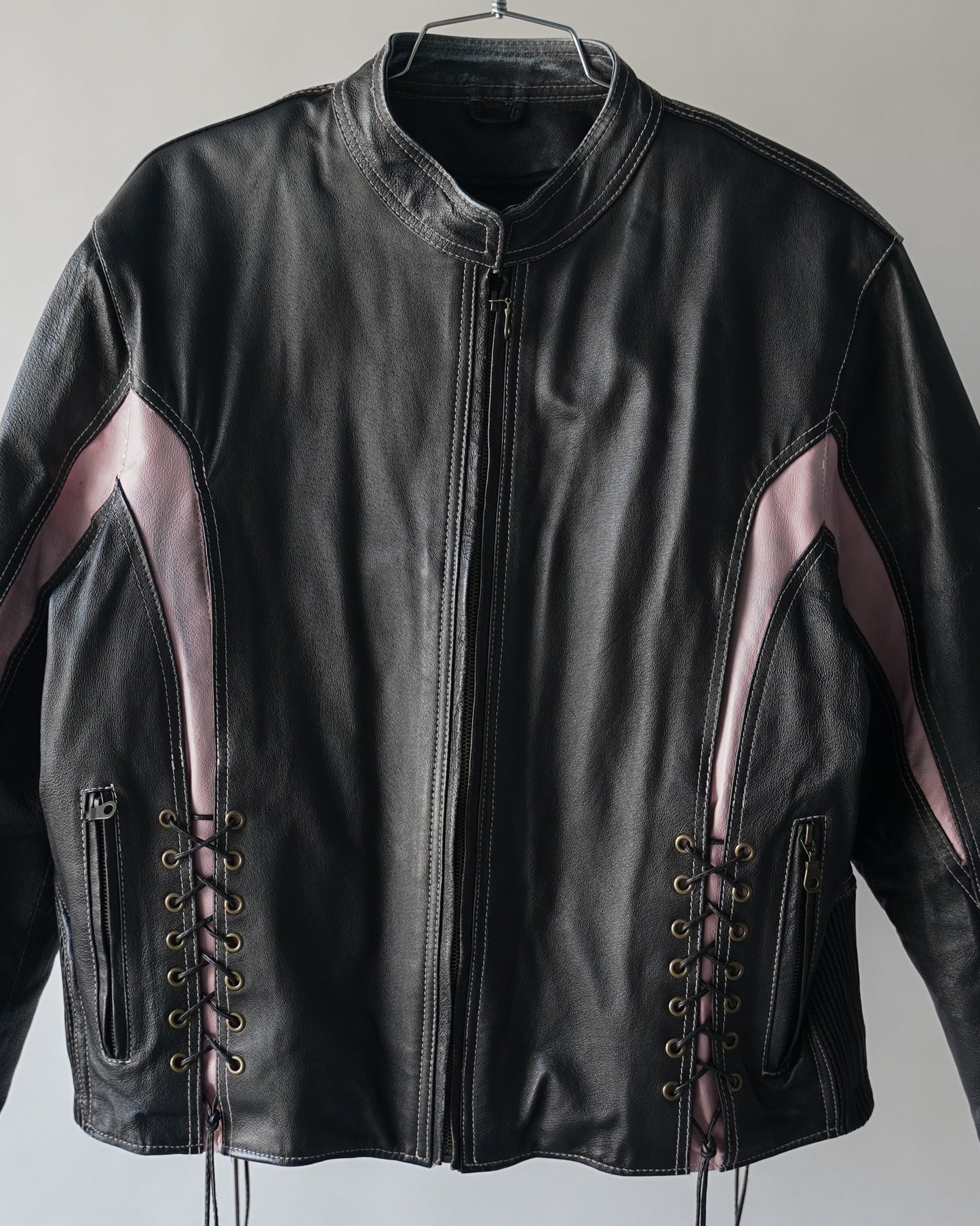 90's Black and Pink Leather Motorcycle Jacket - Large