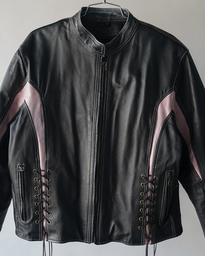 90's Black and Pink Leather Motorcycle Jacket - Large