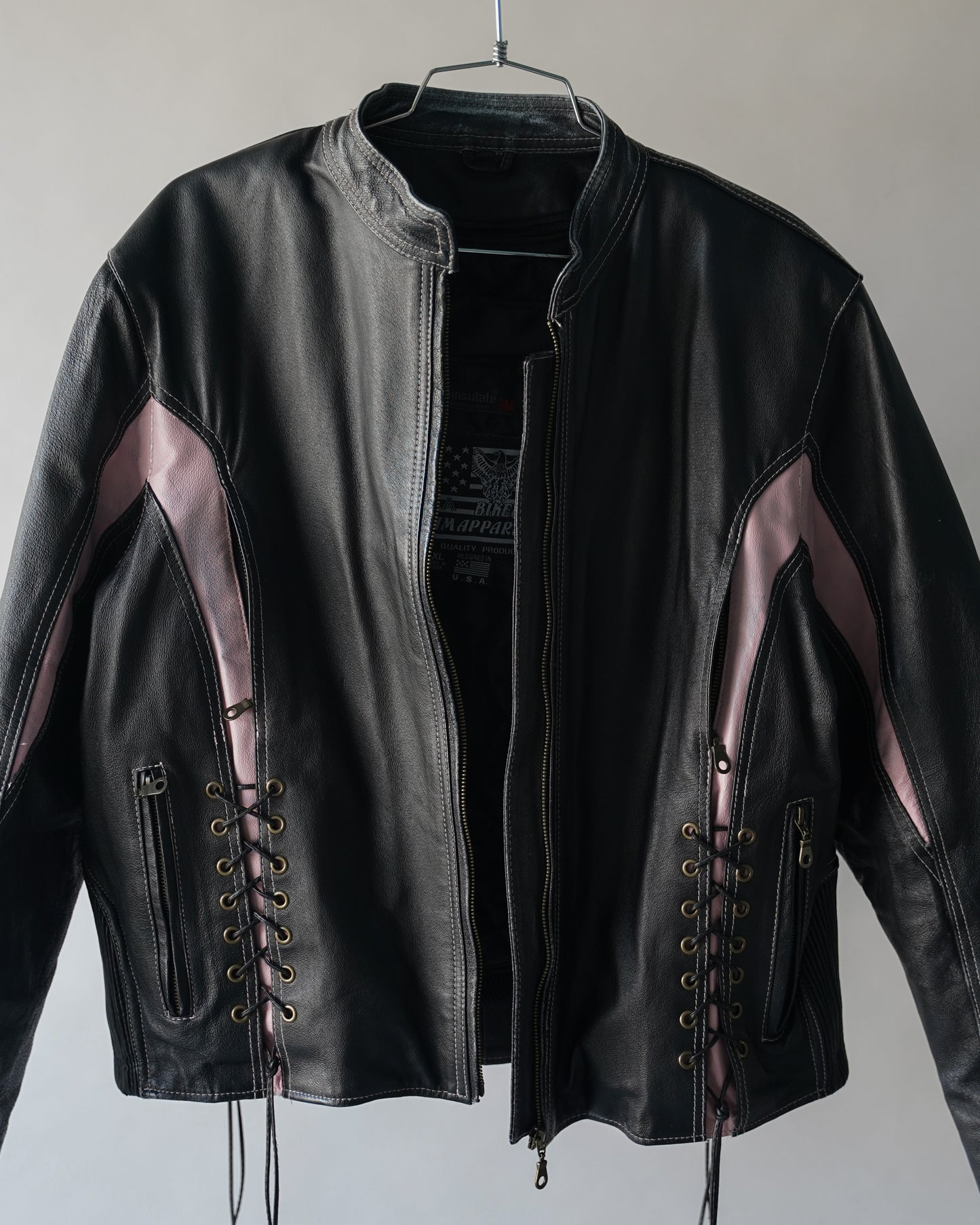 90's Black and Pink Leather Motorcycle Jacket - Large