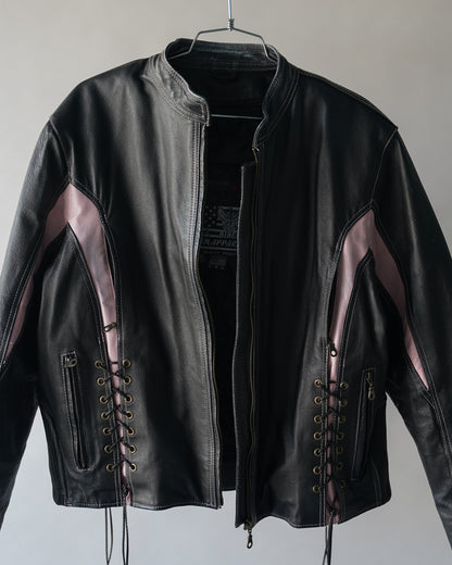 90's Black and Pink Leather Motorcycle Jacket - Large