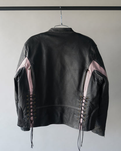 90's Black and Pink Leather Motorcycle Jacket - Large