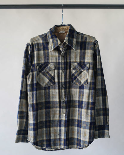 80's Navy Blue Wool Plaid Shirt - Medium
