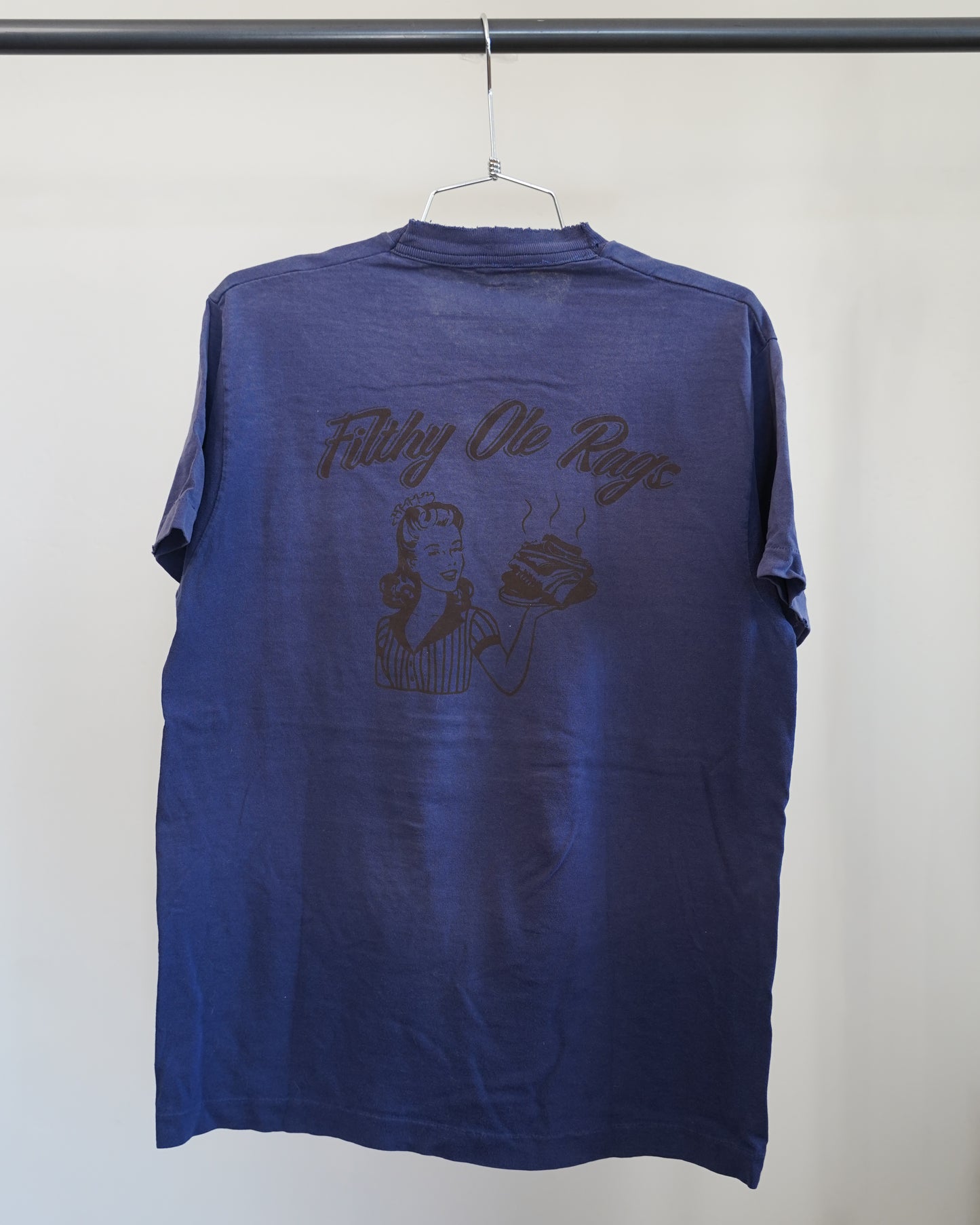 Filthy Ole Rags 70's Faded Navy Blue Tee - Brown Back Print (Large)