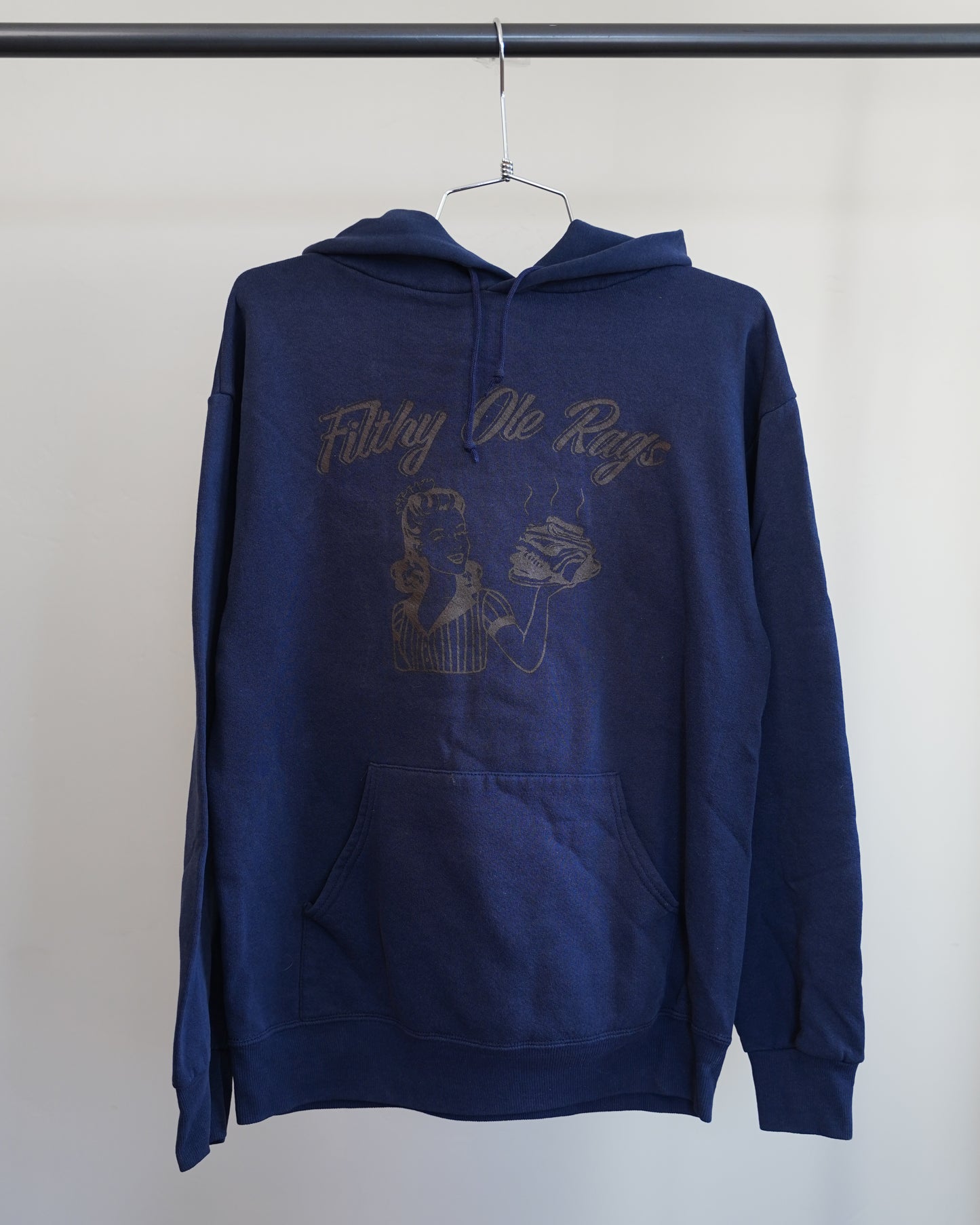 Filthy Ole Rags 90's Navy Blue Hoodie - Brown Front Print (Large)
