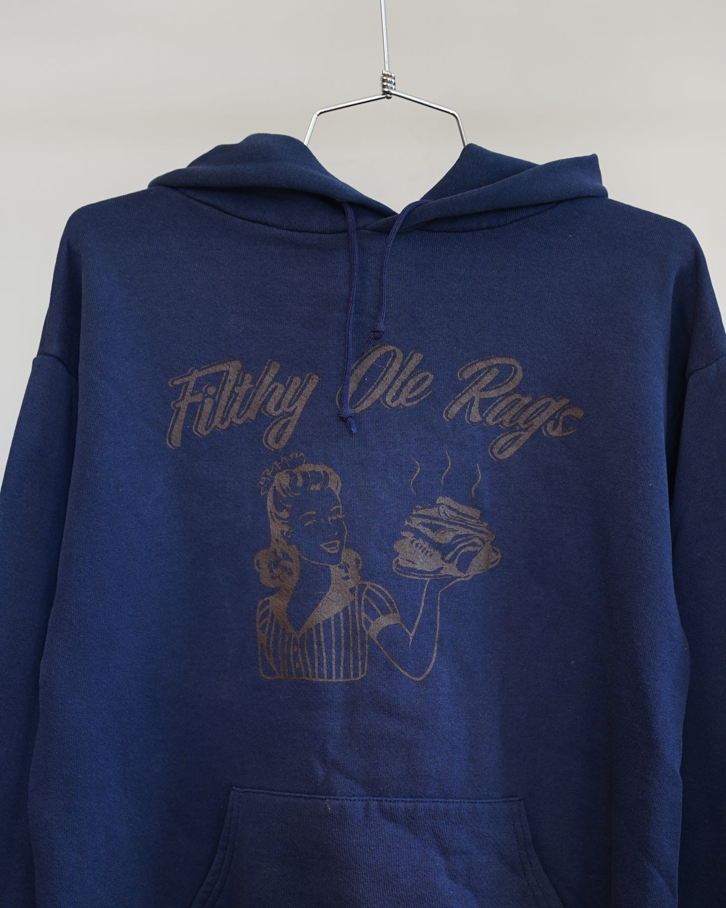 Filthy Ole Rags 90's Navy Blue Hoodie - Brown Front Print (Large)