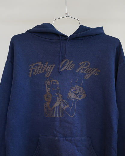Filthy Ole Rags 90's Navy Blue Hoodie - Brown Front Print (Large)