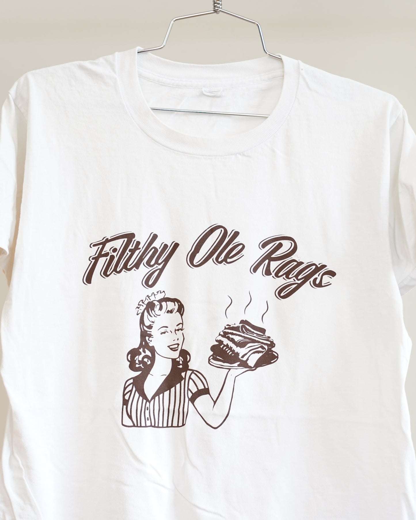 Filthy Ole Rags 70's White Tee - Brown Front Print (Large)