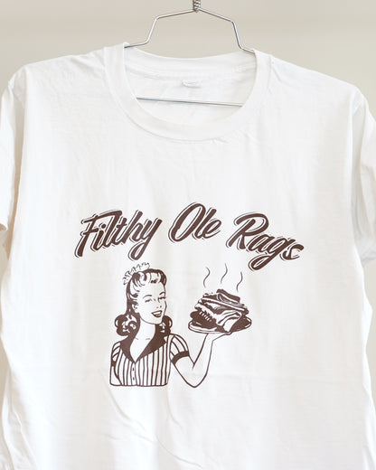 Filthy Ole Rags 70's White Tee - Brown Front Print (Large)