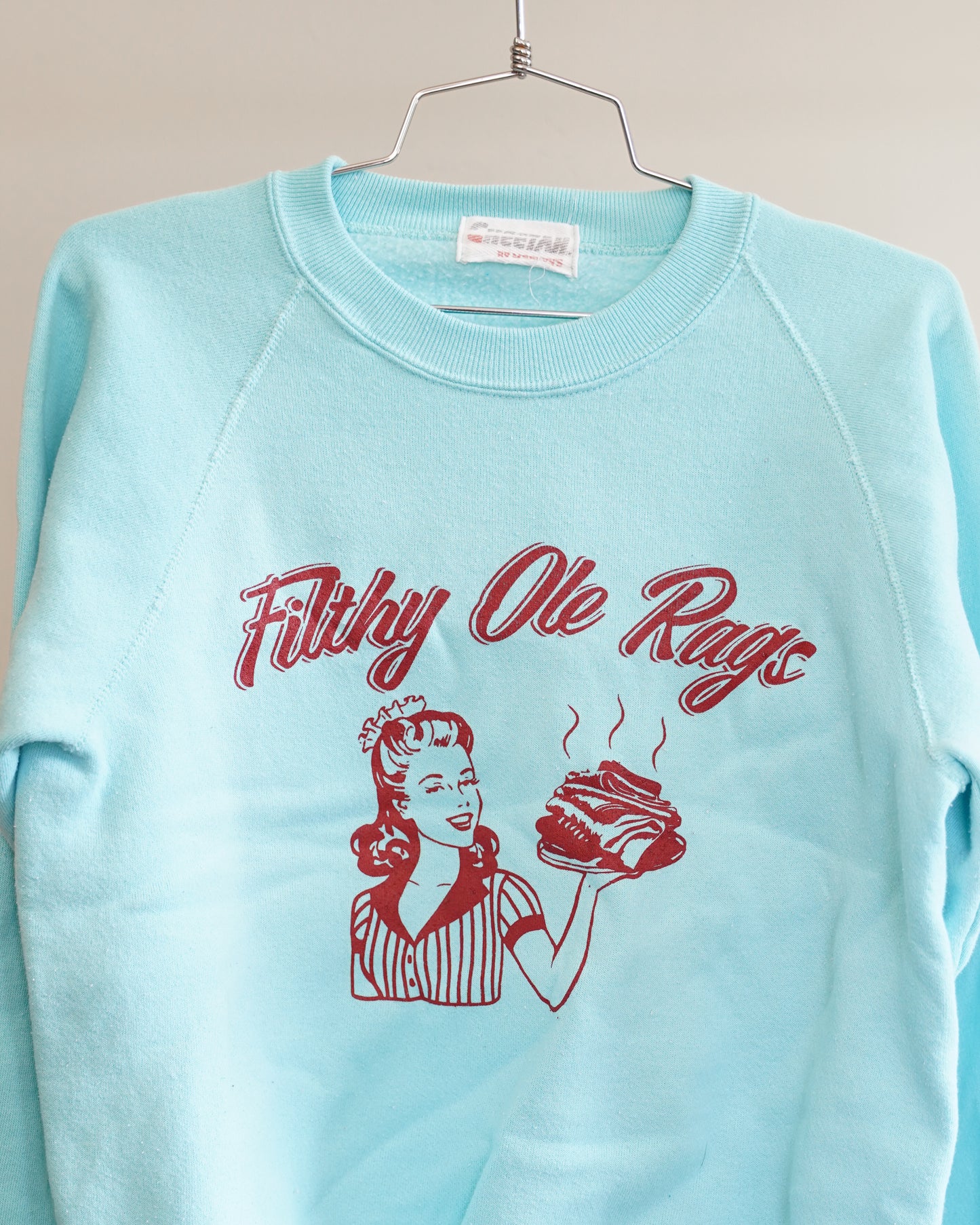 Filthy Ole Rags 90's Baby Blue Sweatshirt - Red Front Print (Medium)
