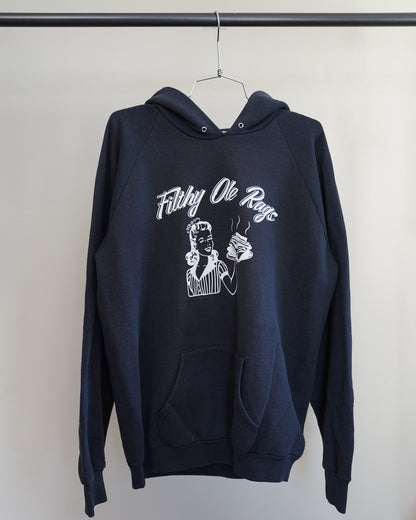 Filthy Ole Rags 90's Black Hoodie - White Front Print (XL)