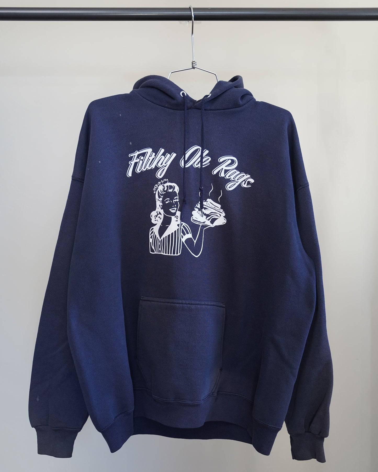 Filthy Ole Rags 90's Navy Blue Hoodie - White Front Print (XL)