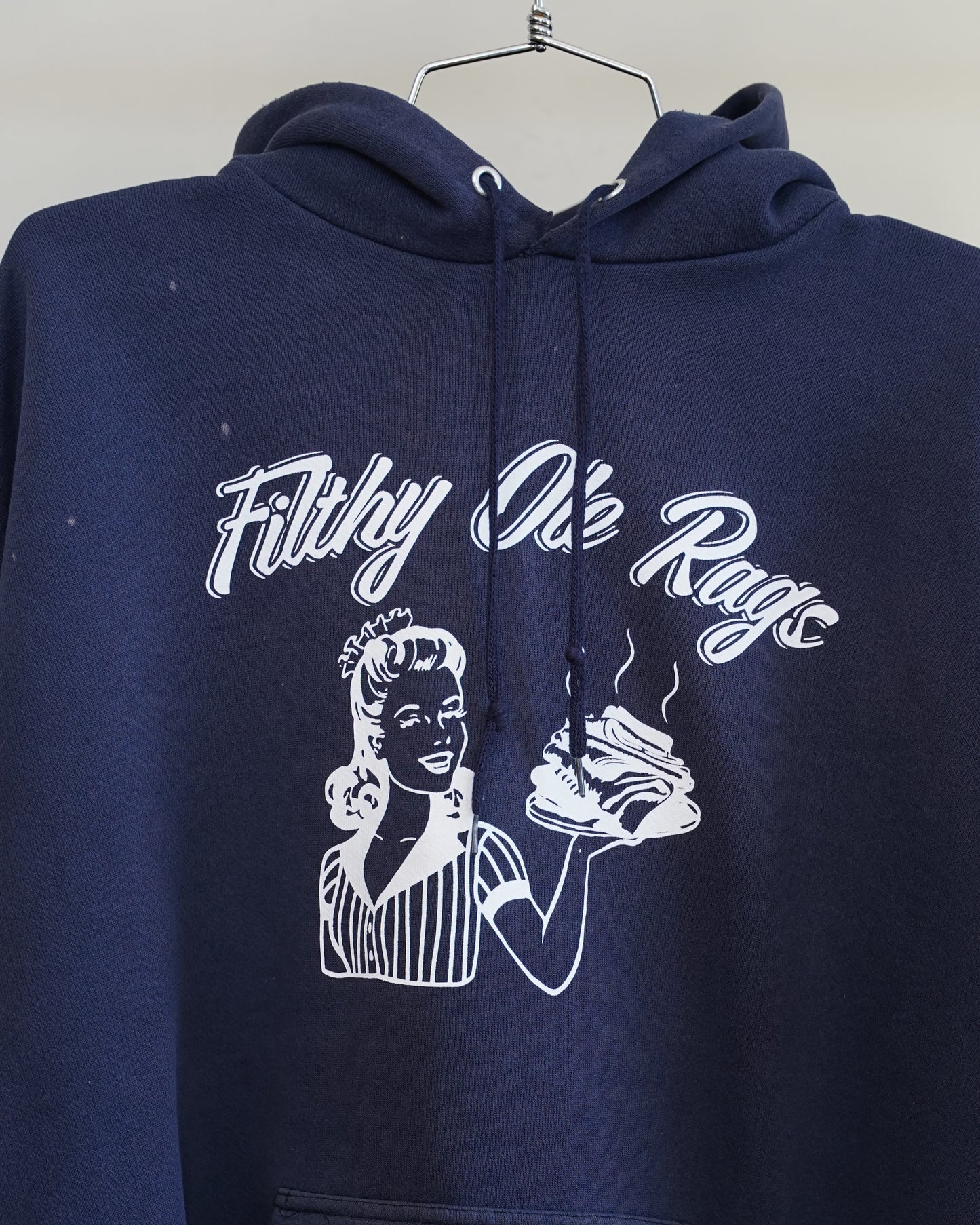 Filthy Ole Rags 90's Navy Blue Hoodie - White Front Print (XL)