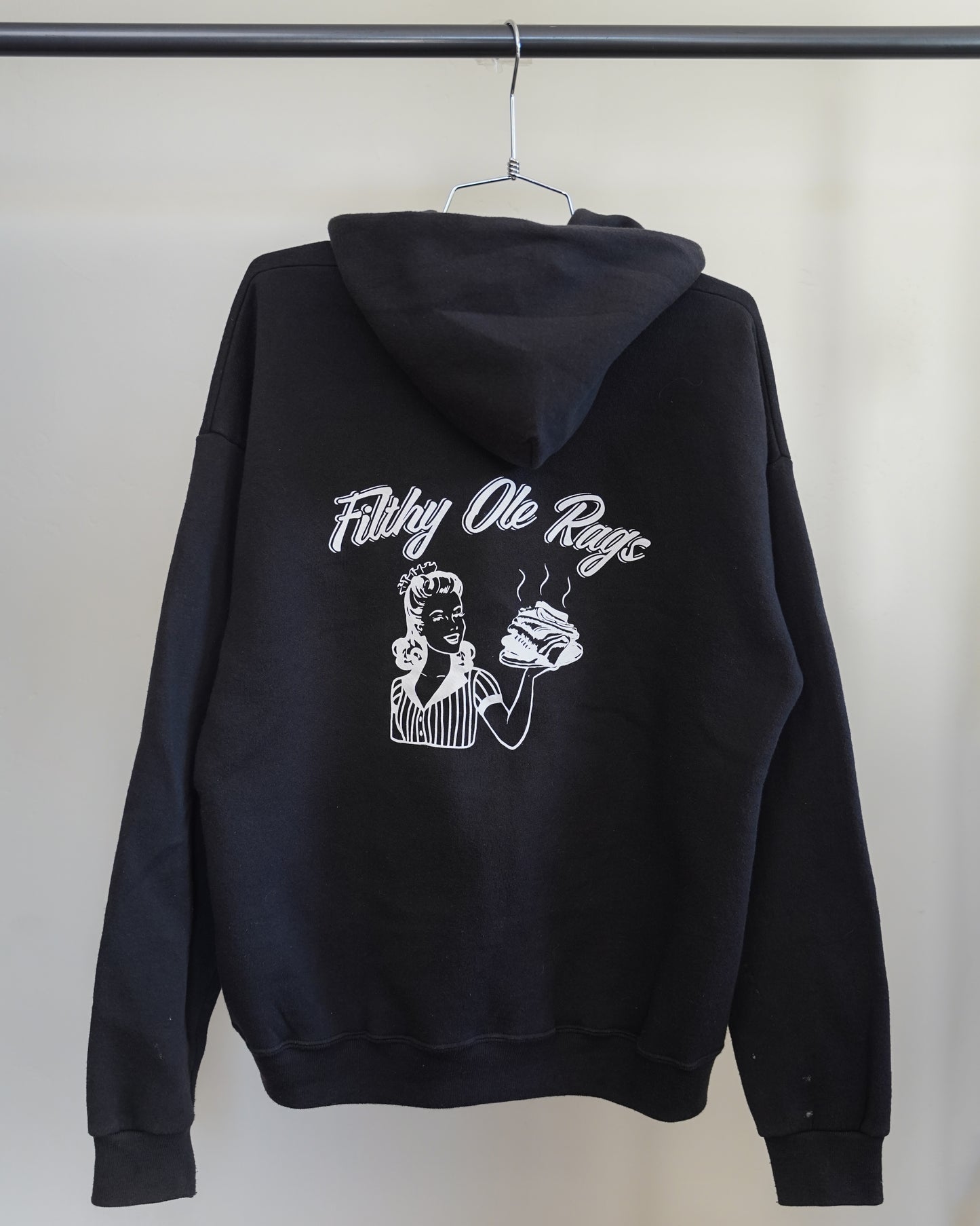 Filthy Ole Rags 90's Black Zip-Up Hoodie - White Back Print (Large)