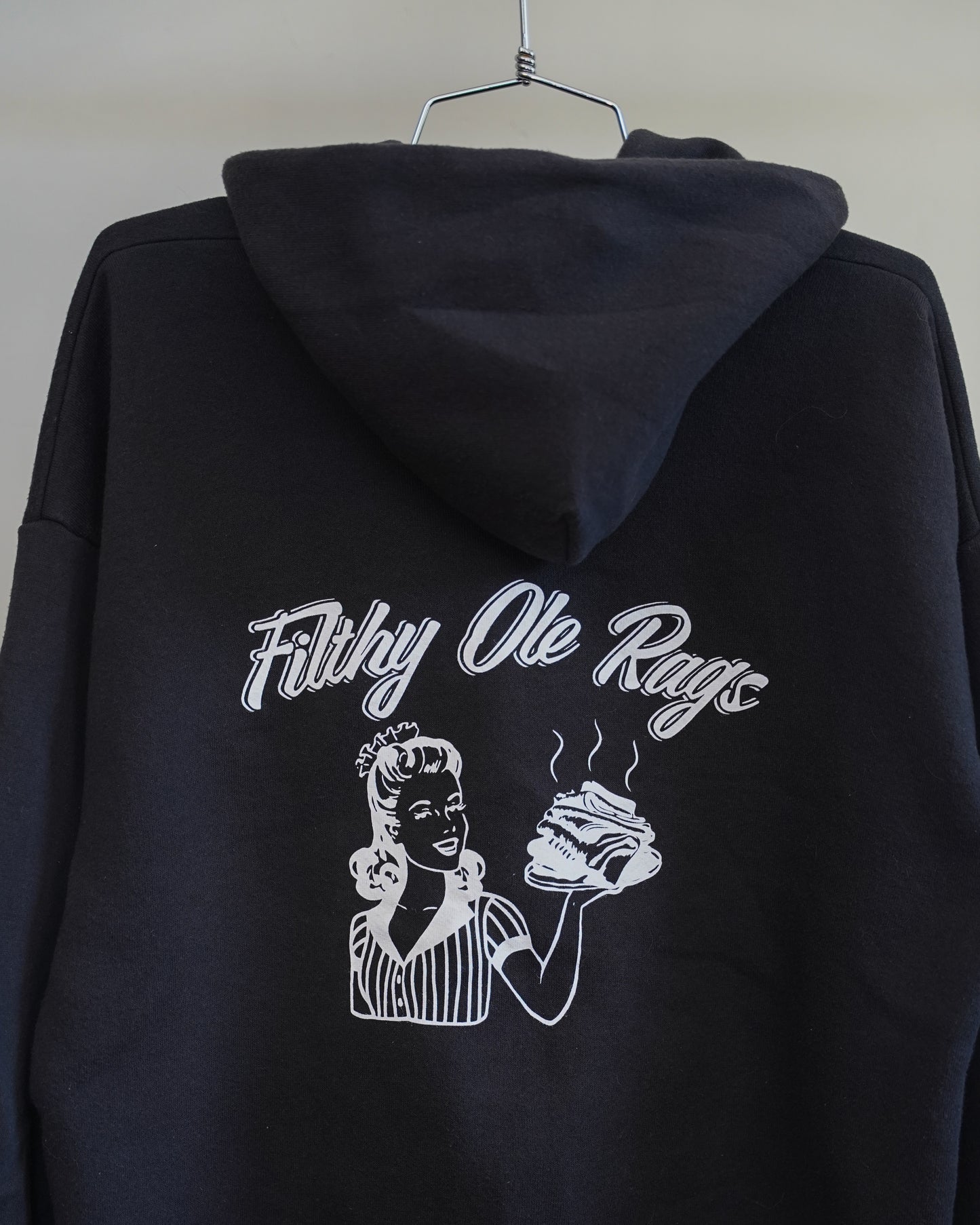 Filthy Ole Rags 90's Black Zip-Up Hoodie - White Back Print (Large)