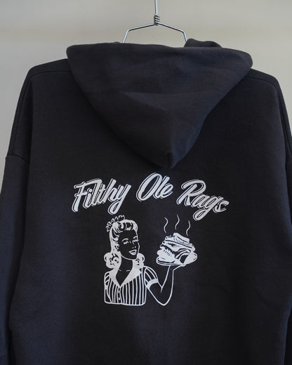 Filthy Ole Rags 90's Black Zip-Up Hoodie - White Back Print (Large)
