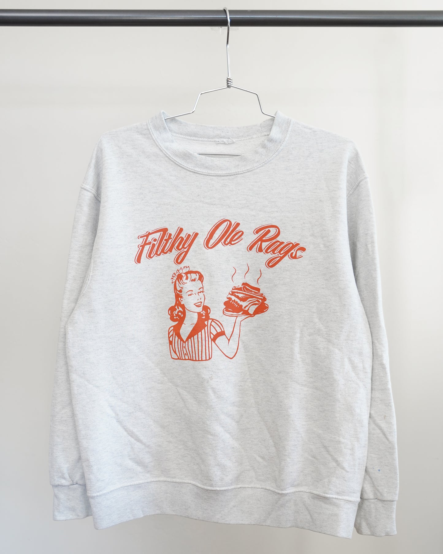 Filthy Ole Rags 90's Light Gray Sweatshirt - Orange Front Print (Medium)