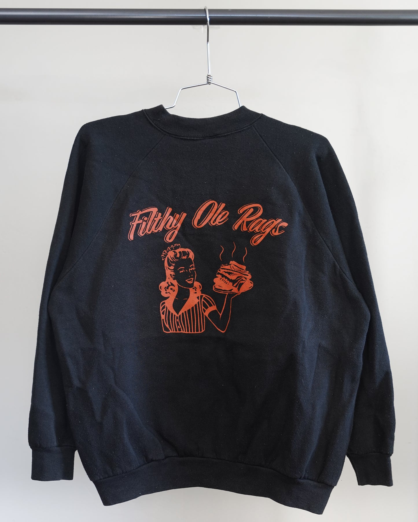 Filthy Ole Rags 80's Black Sweatshirt - Orange Front Print (Medium)