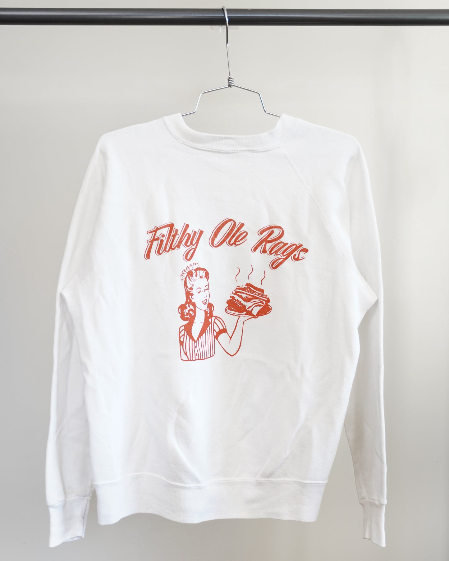 Filthy Ole Rags 80's White Sweatshirt - Orange Front Print (Medium)
