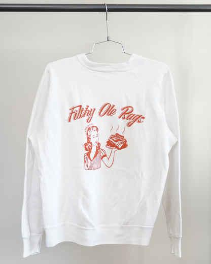 Filthy Ole Rags 80's White Sweatshirt - Orange Front Print (Medium)