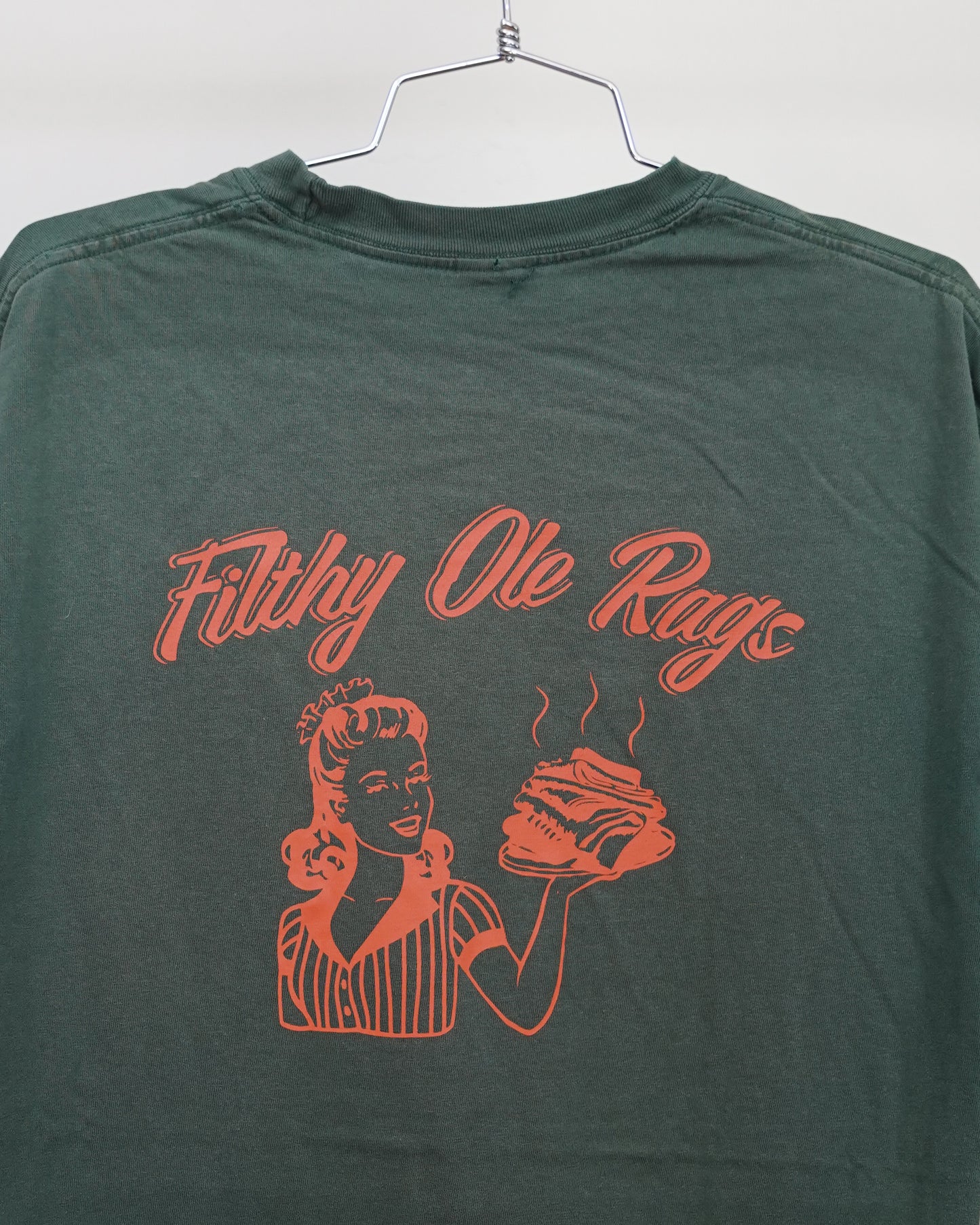 Filthy Ole Rags 90's Faded Green Tee - Orange Back Print (Large)