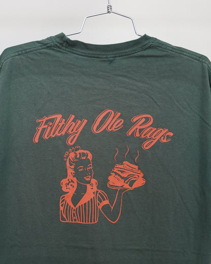 Filthy Ole Rags 90's Faded Green Tee - Orange Back Print (Large)