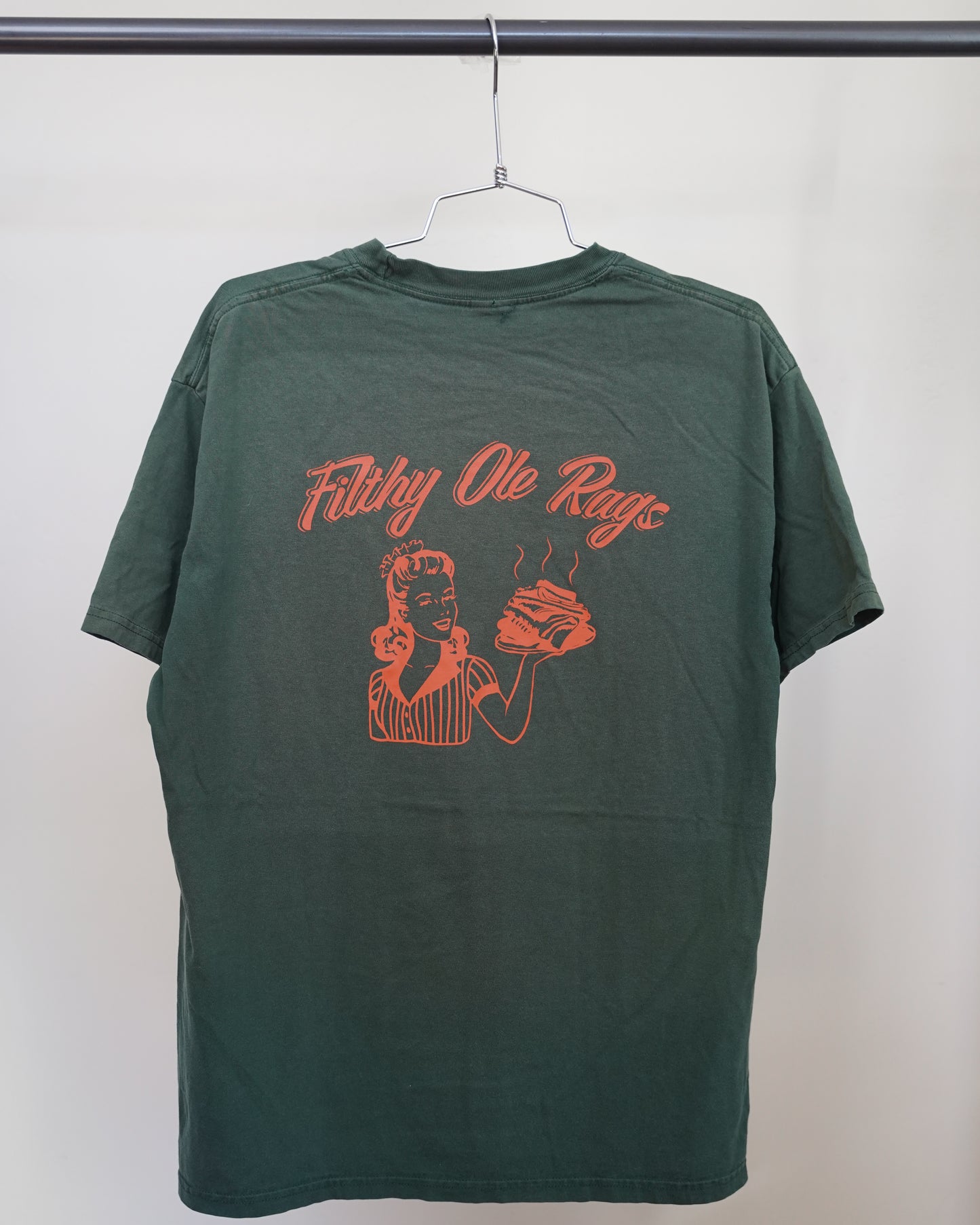 Filthy Ole Rags 90's Faded Green Tee - Orange Back Print (Large)