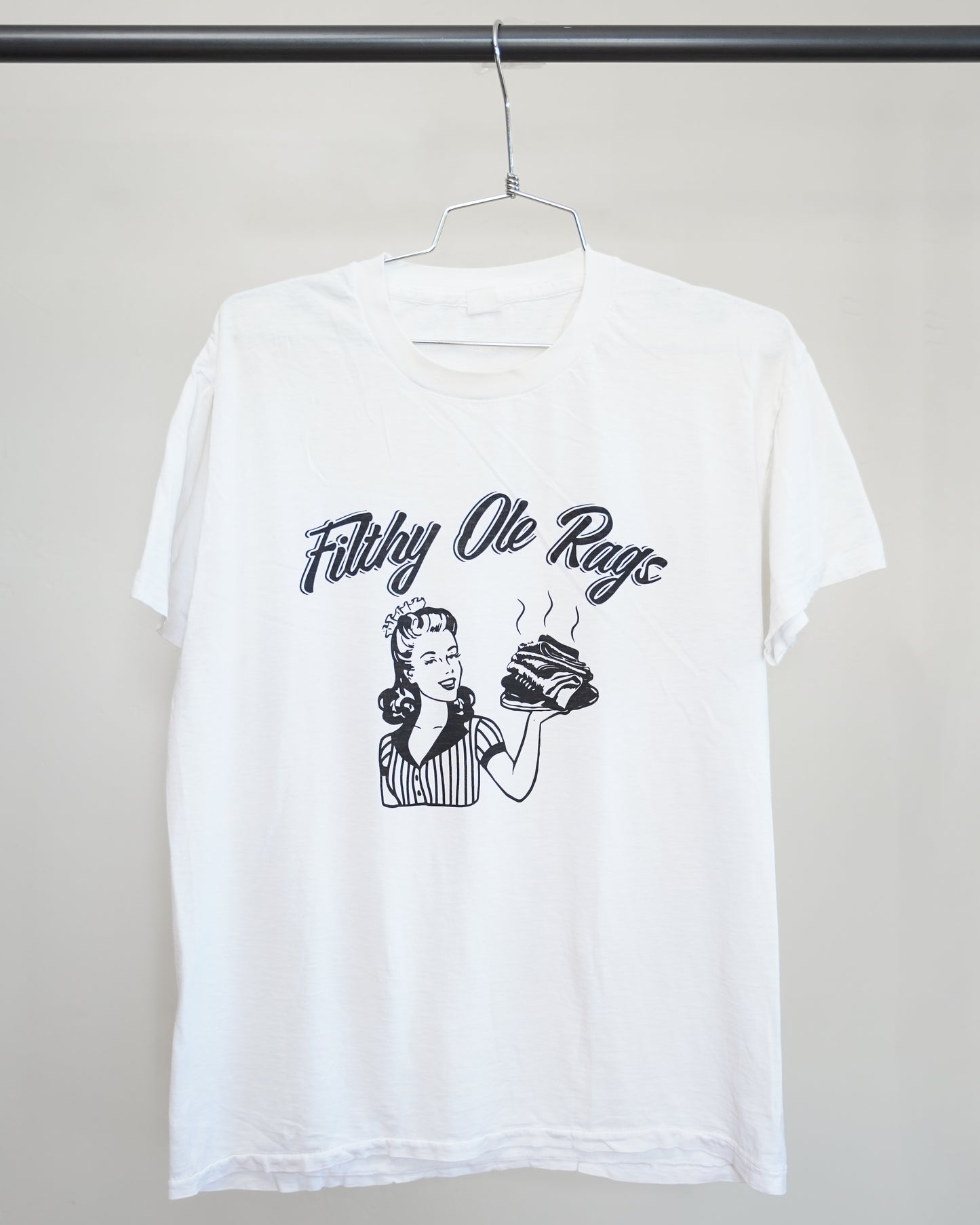 Filthy Ole Rags 70's White Tee - Black Front Print (Large)