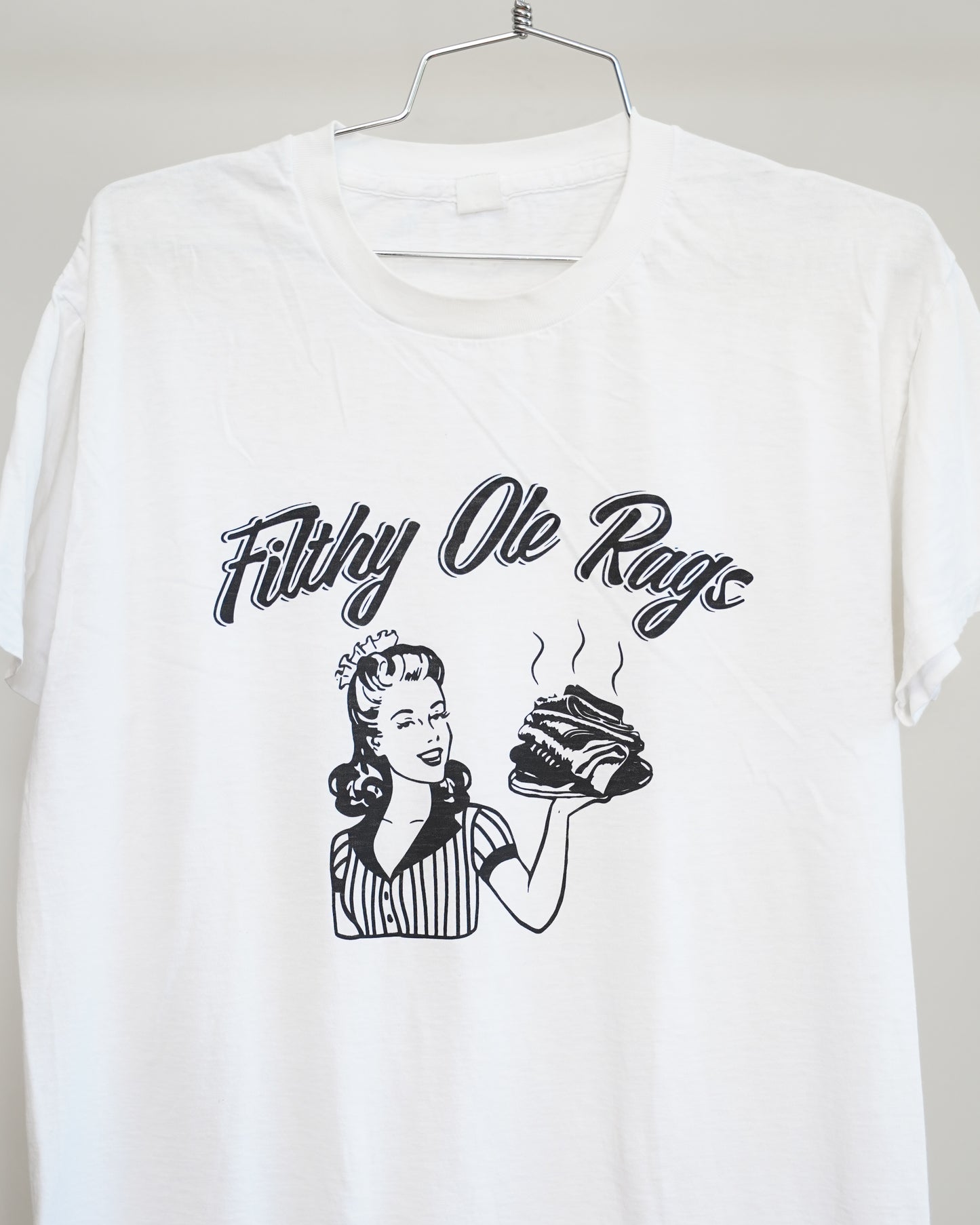 Filthy Ole Rags 70's White Tee - Black Front Print (Large)