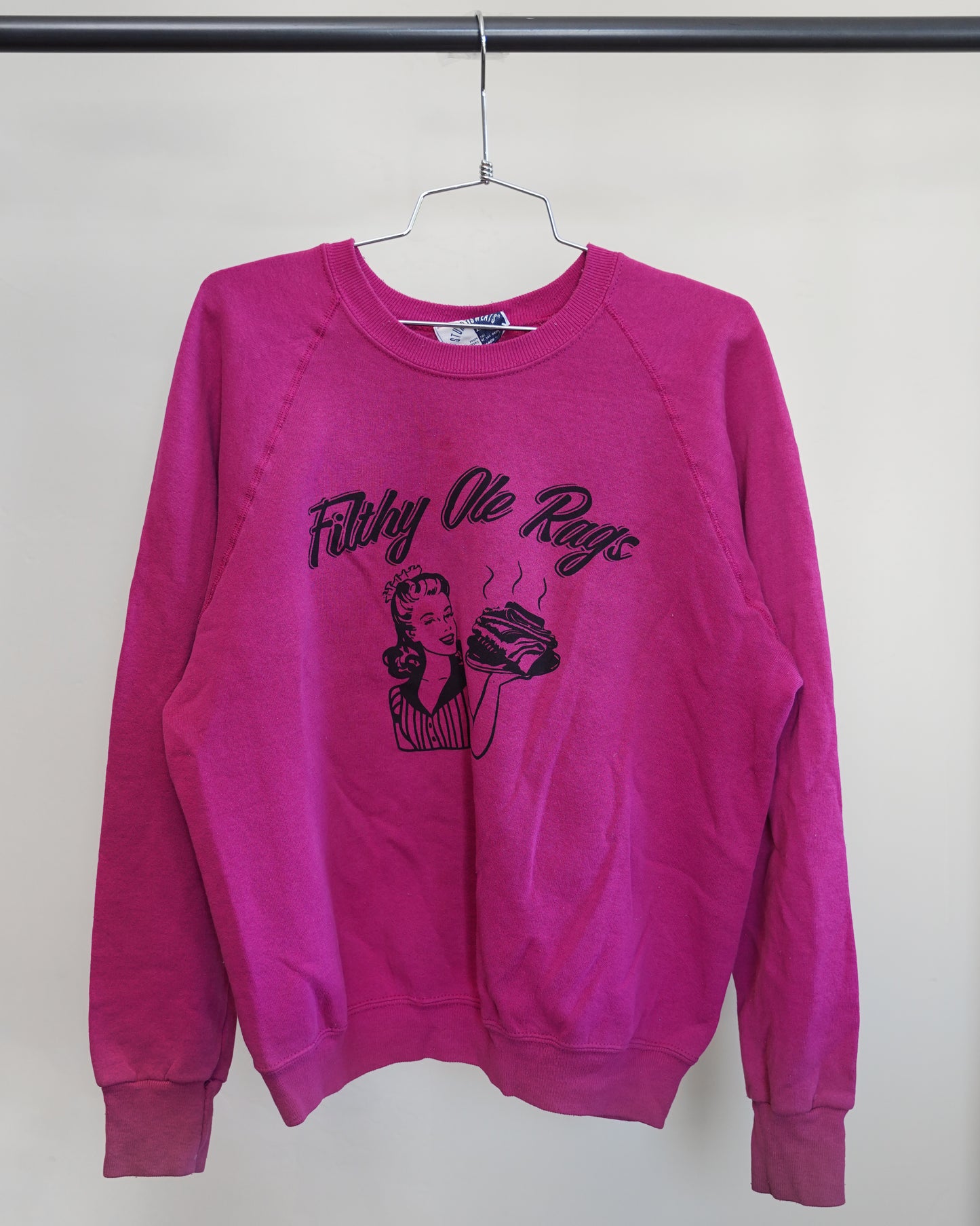 Filthy Ole Rags 80's Hot Pink Sweatshirt - Black Front Print (Large)