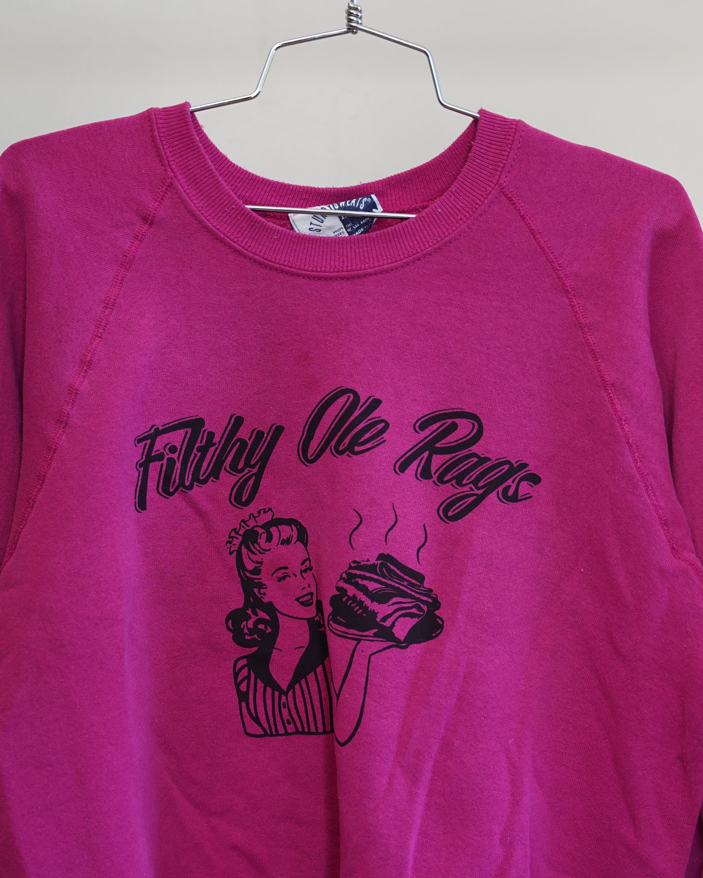 Filthy Ole Rags 80's Hot Pink Sweatshirt - Black Front Print (Large)