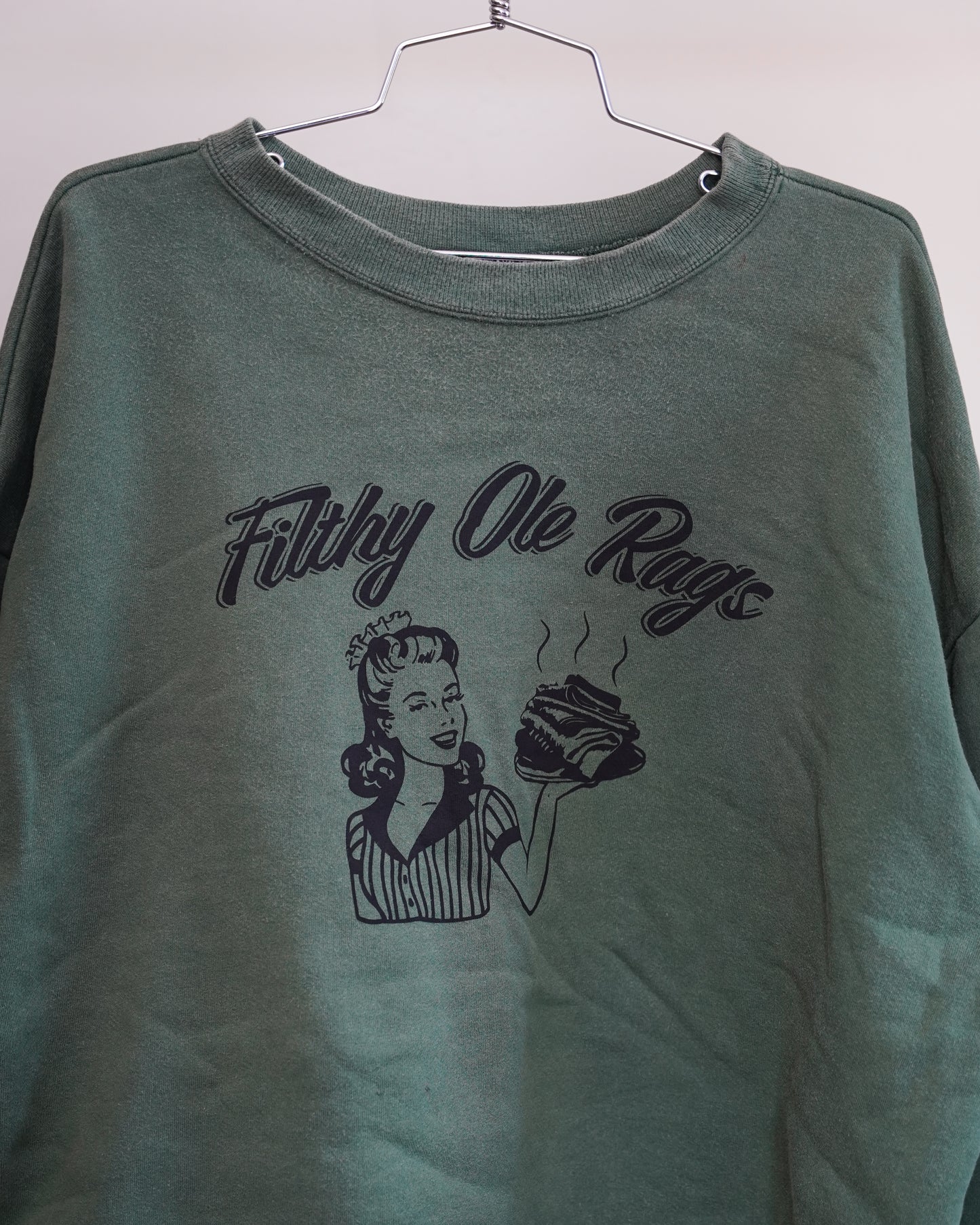 Filthy Ole Rags 90's Faded Green Sweatshirt - Black Front Print (XL)