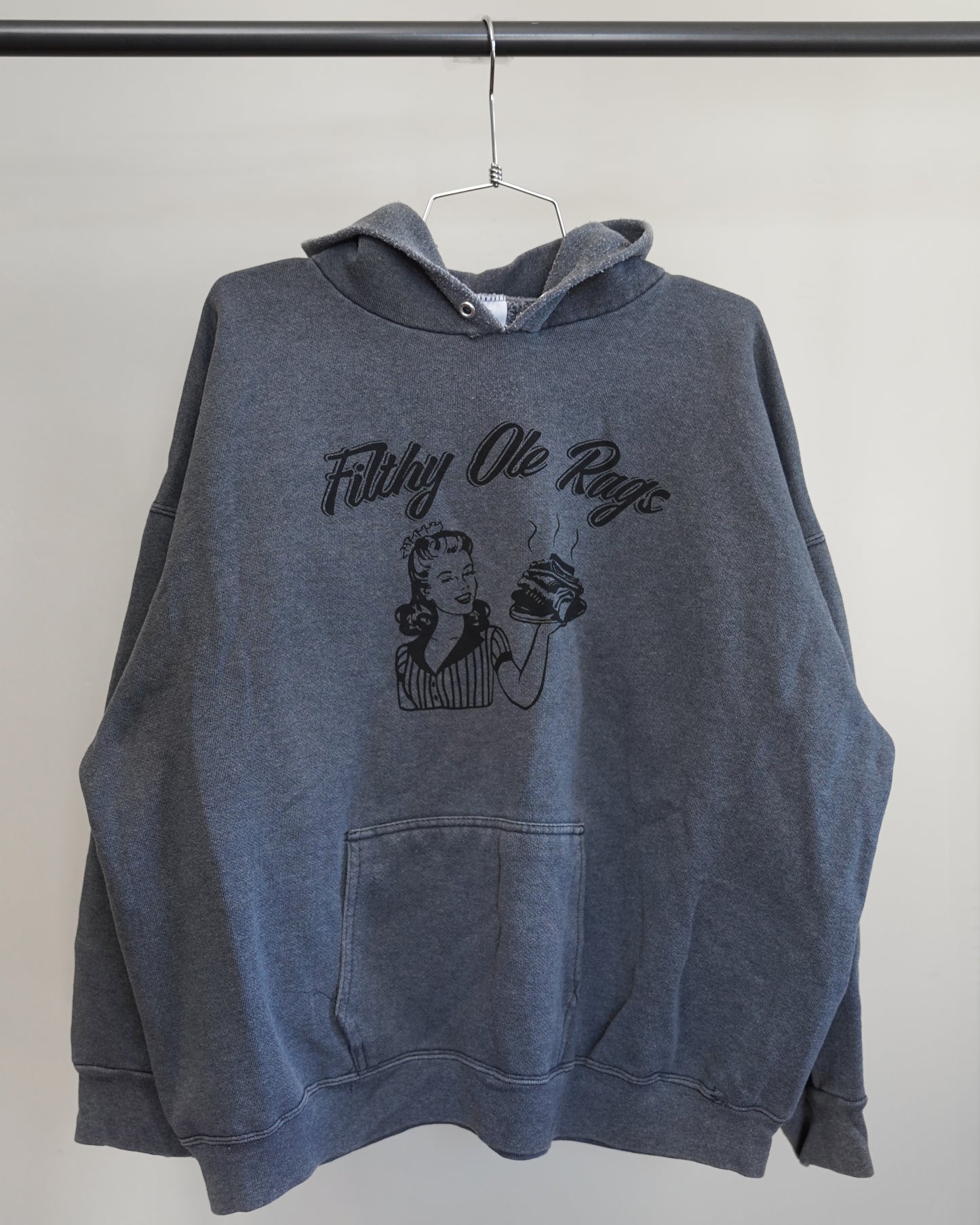 Filthy Ole Rags 90's Charcoal Grey Hoodie - Black Front Print (XL)