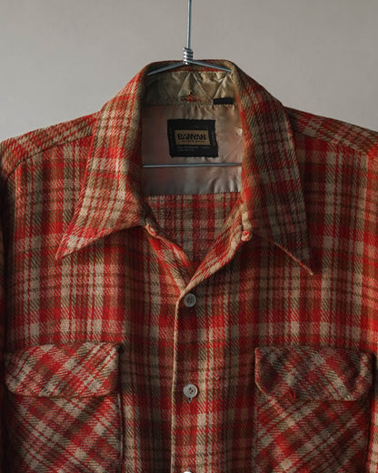 60's Red Plaid Wool Loop Collar Shirt - XL