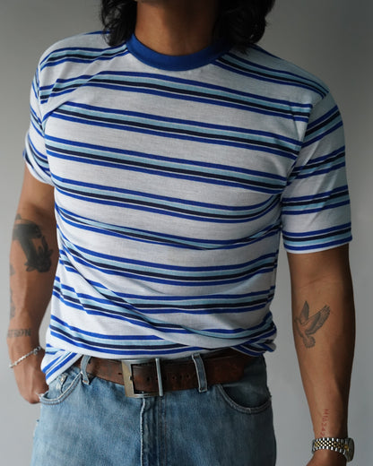 80's Blue Striped Tee - Large